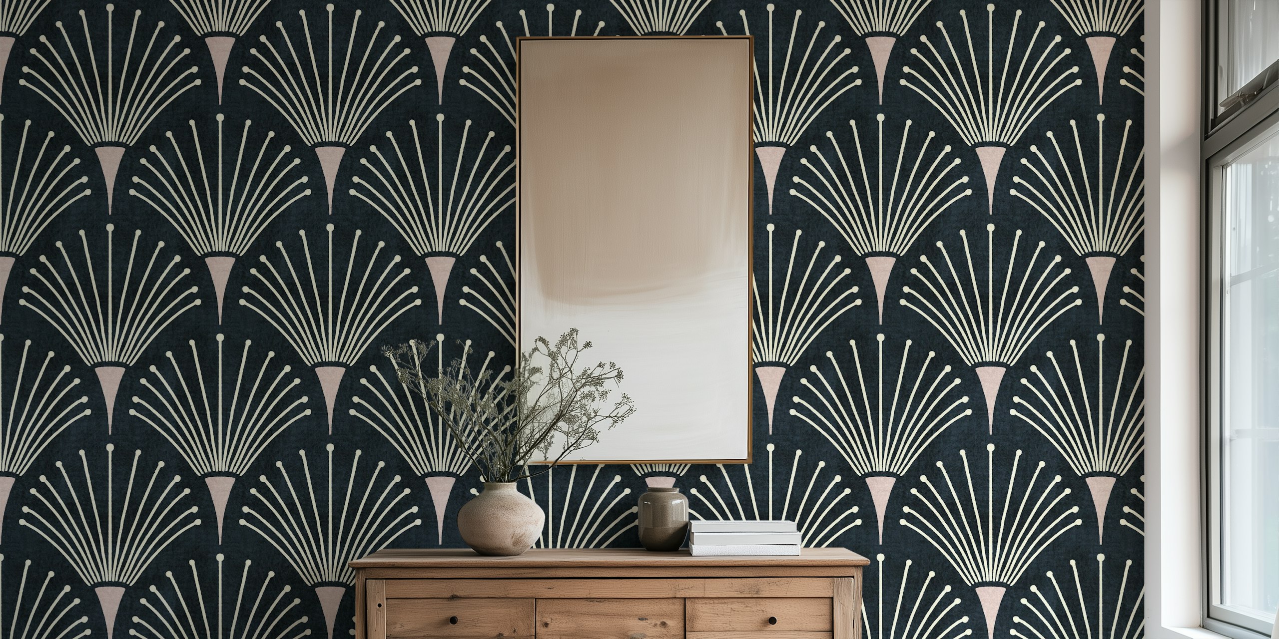 Albertine navy wallpaper displayed in a room