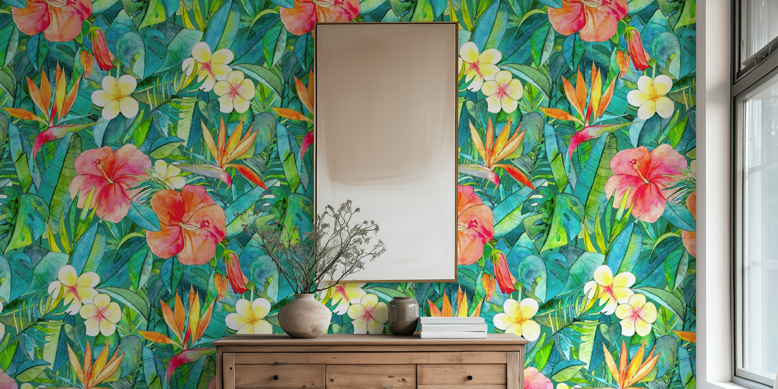 Tropical floral wallpaper featuring hibiscus and greenery in vibrant colors