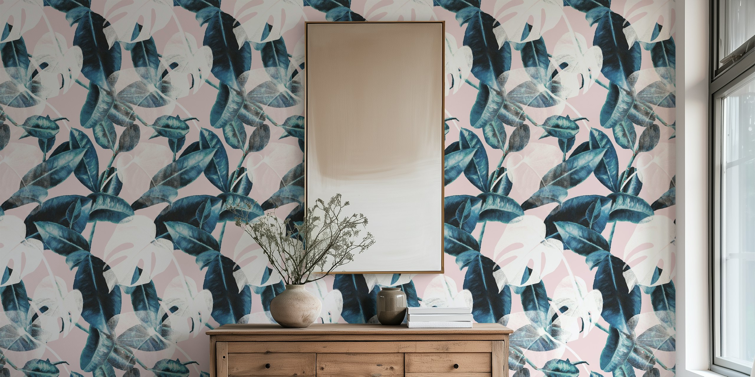 Tapeta Pink Leaves Painted w pokoju