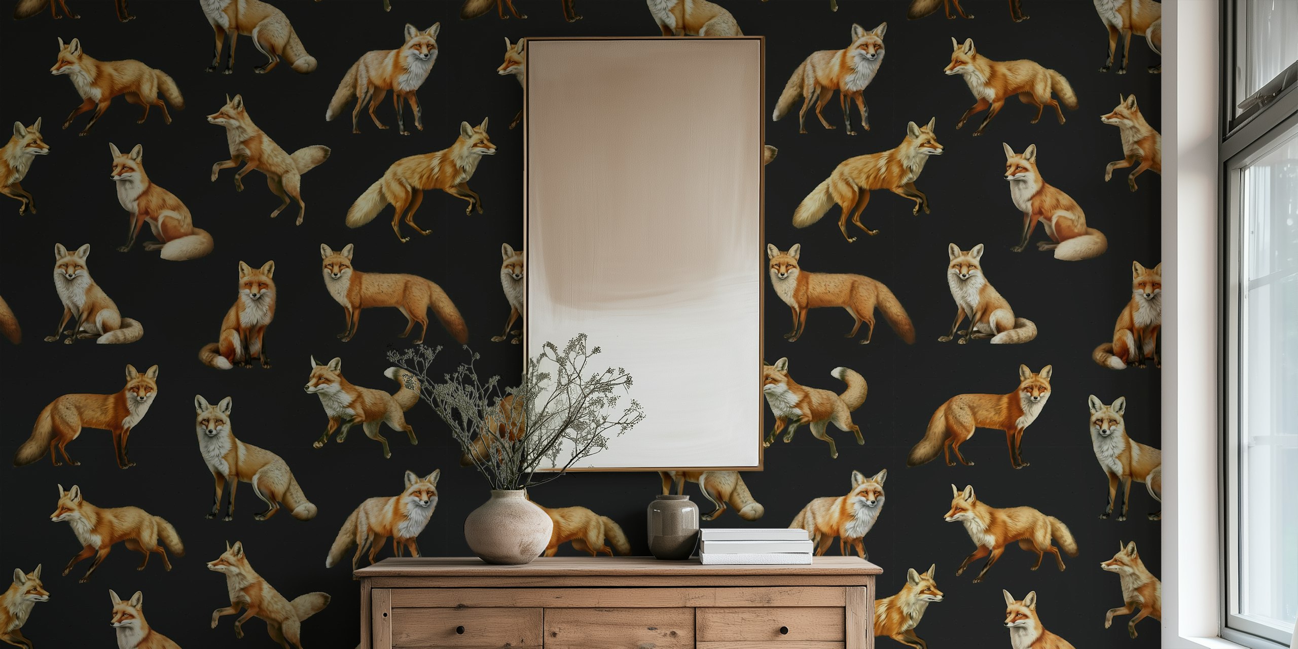 Various fox illustrations on a dark background wallpaper