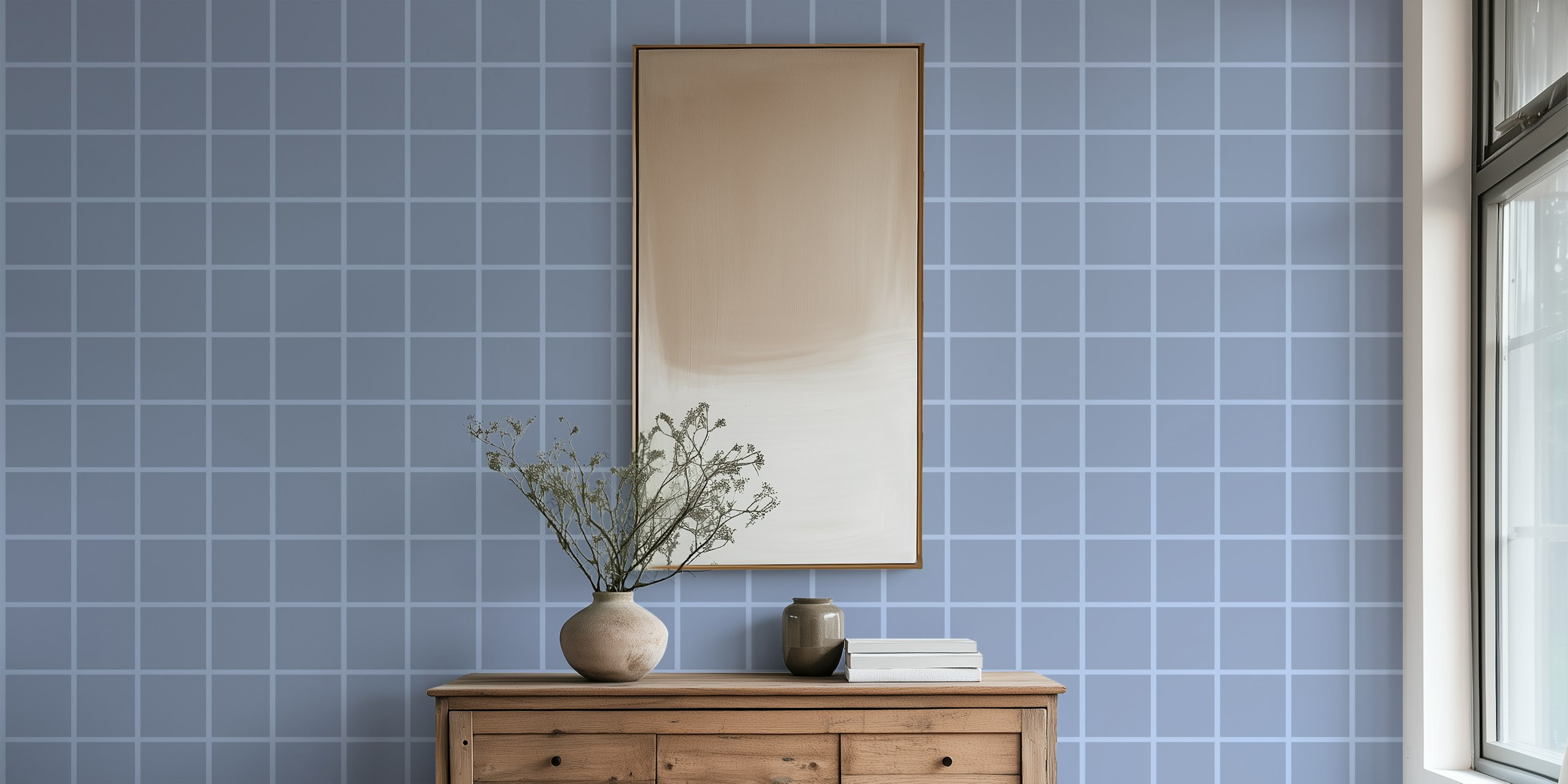 Cool Blue Grid wallpaper in een kamer