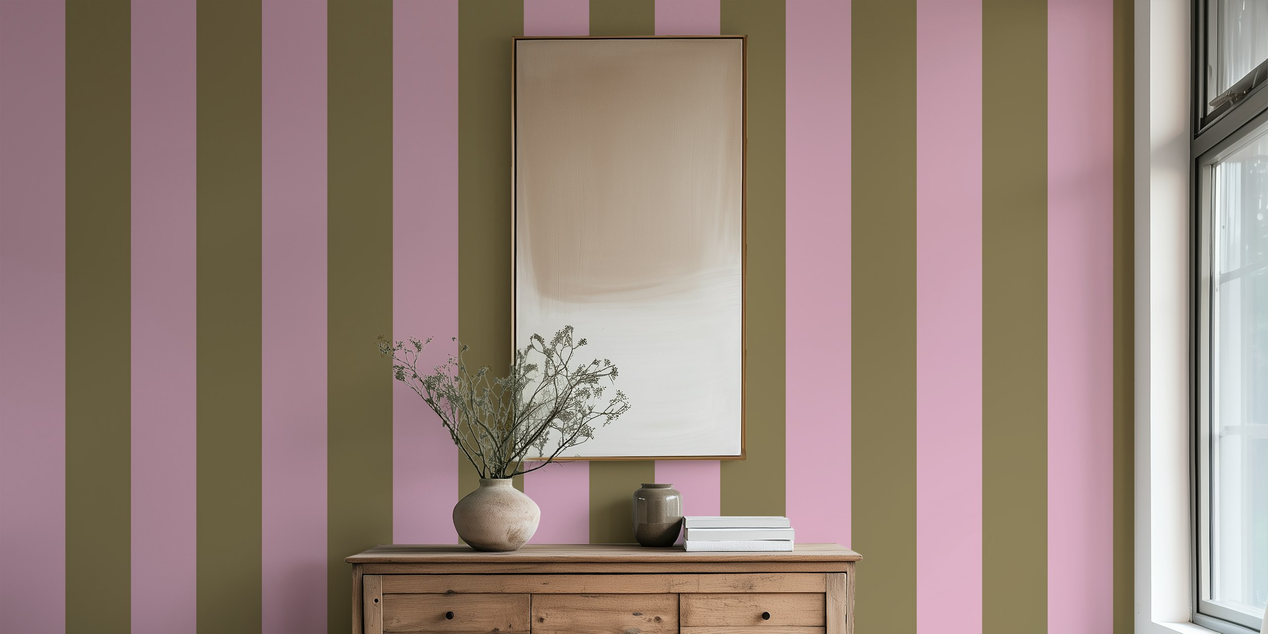 Striped wallpaper in pastel pink and green colors, modern design
