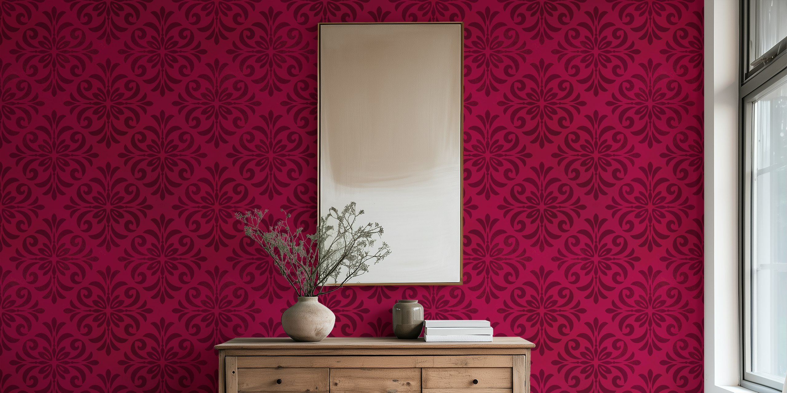 Red ornamental tile pattern wallpaper with classic design
