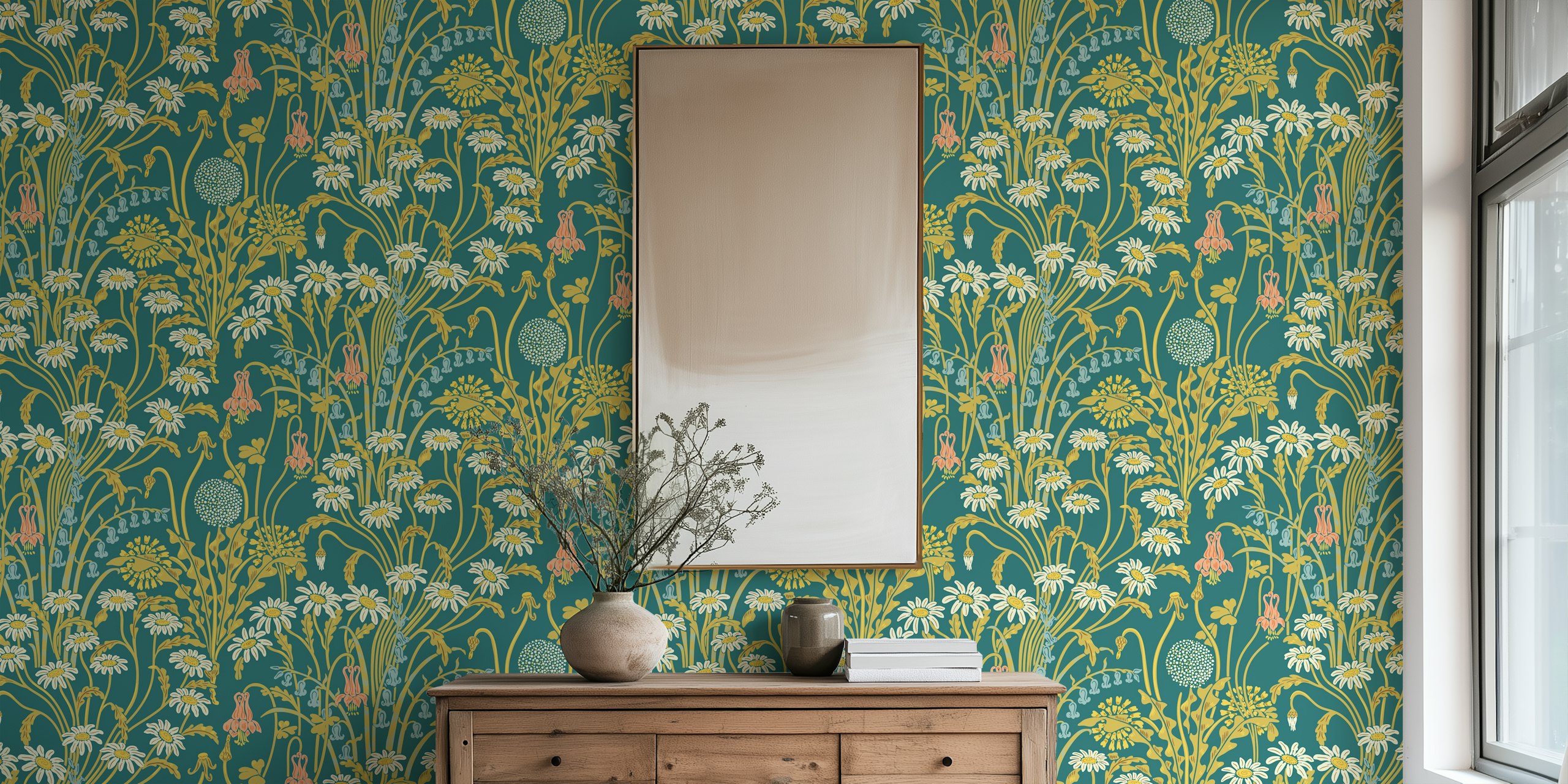 Flower and foliage pattern in white, orange, and green on vintage teal wallpaper
