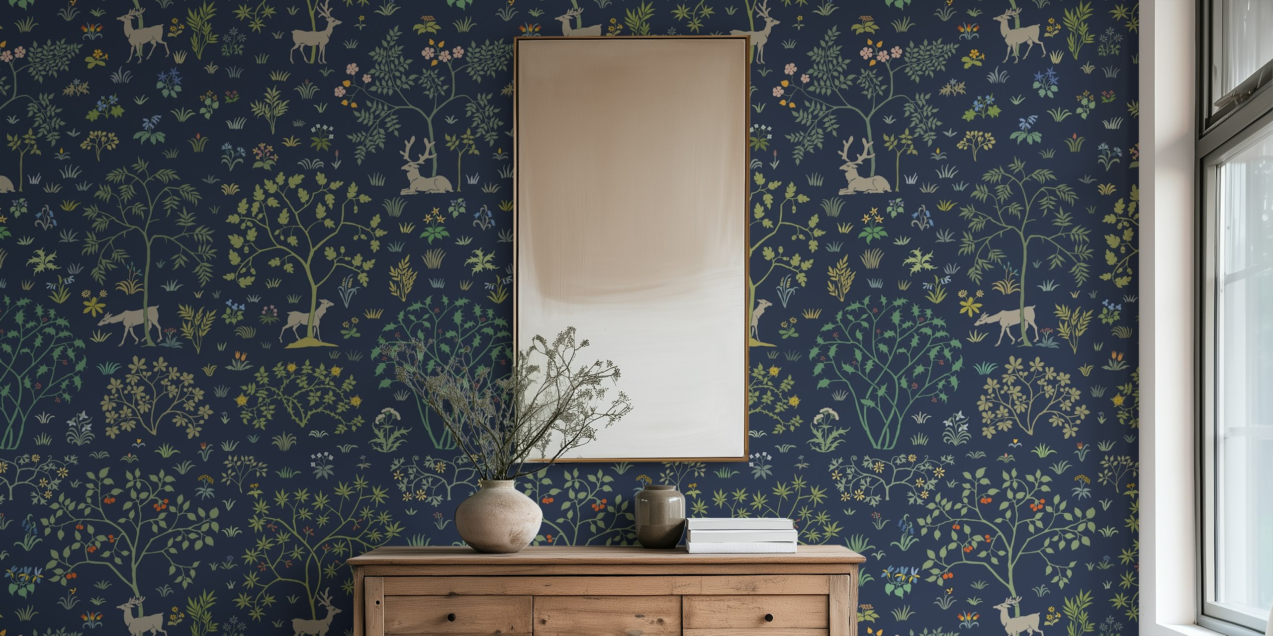 Vintage meadow wallpaper featuring deer on navy