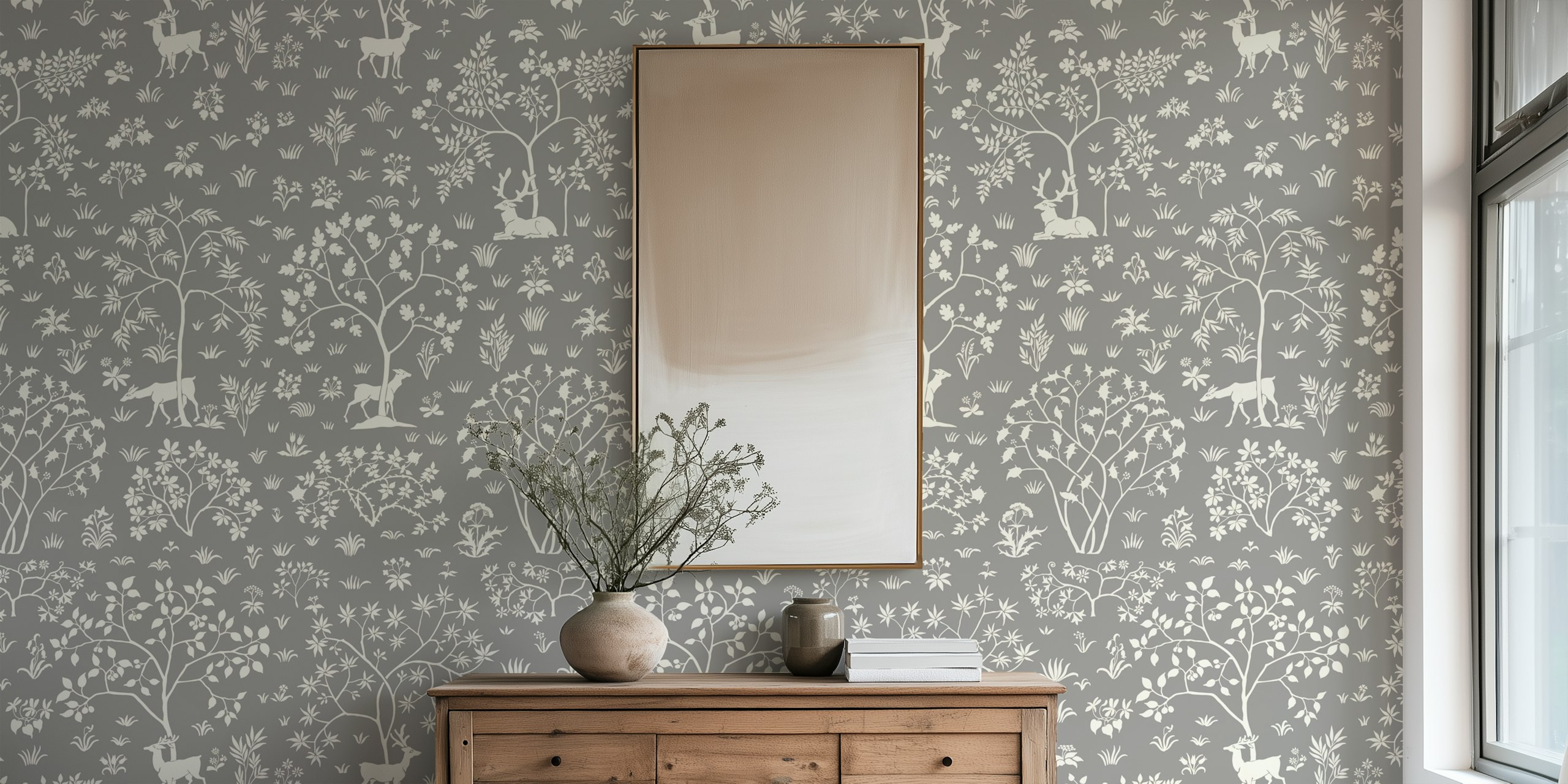 Vintage meadow wallpaper with deer on grey
