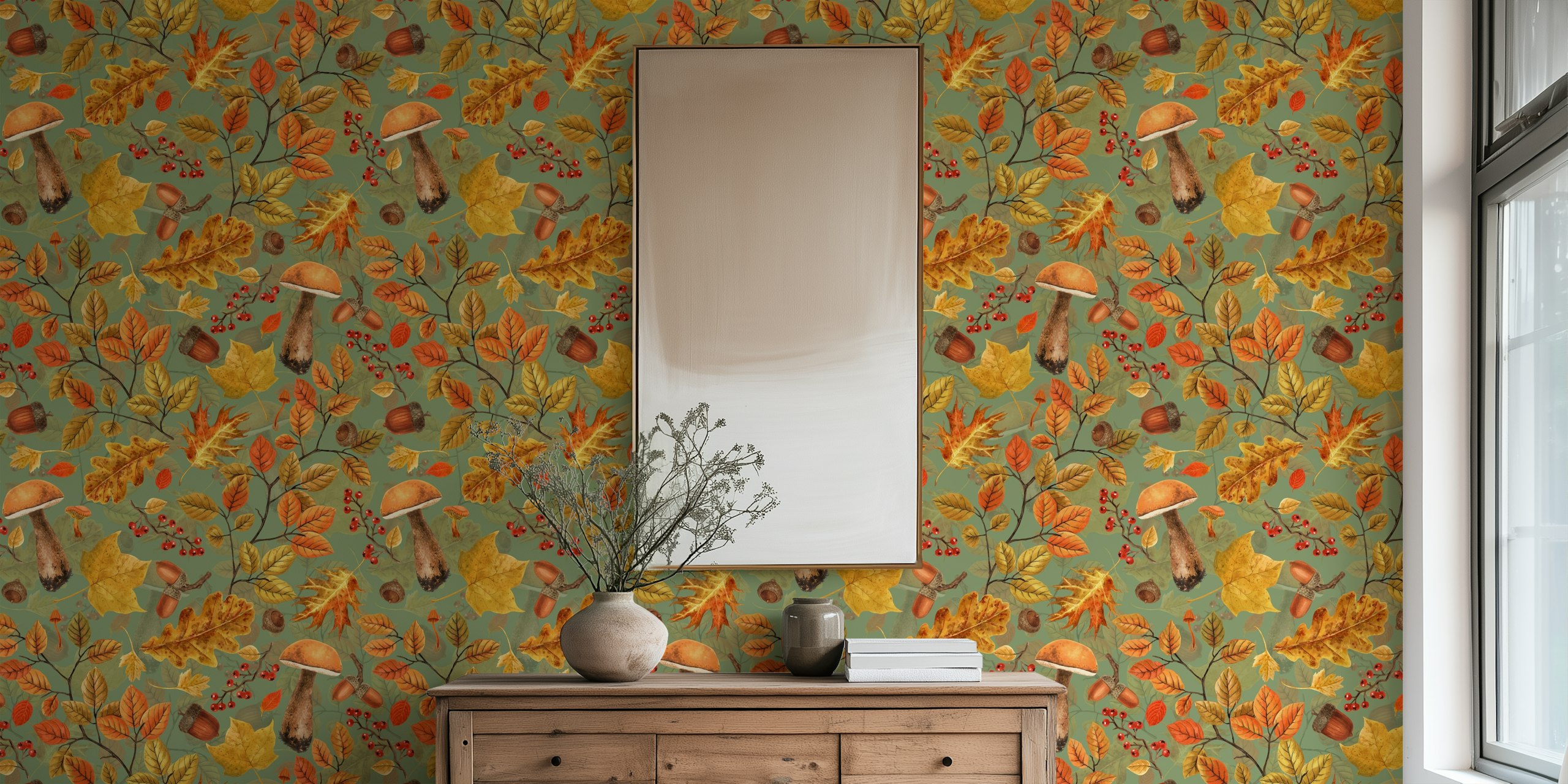 Autumnal forest wallpaper in a room