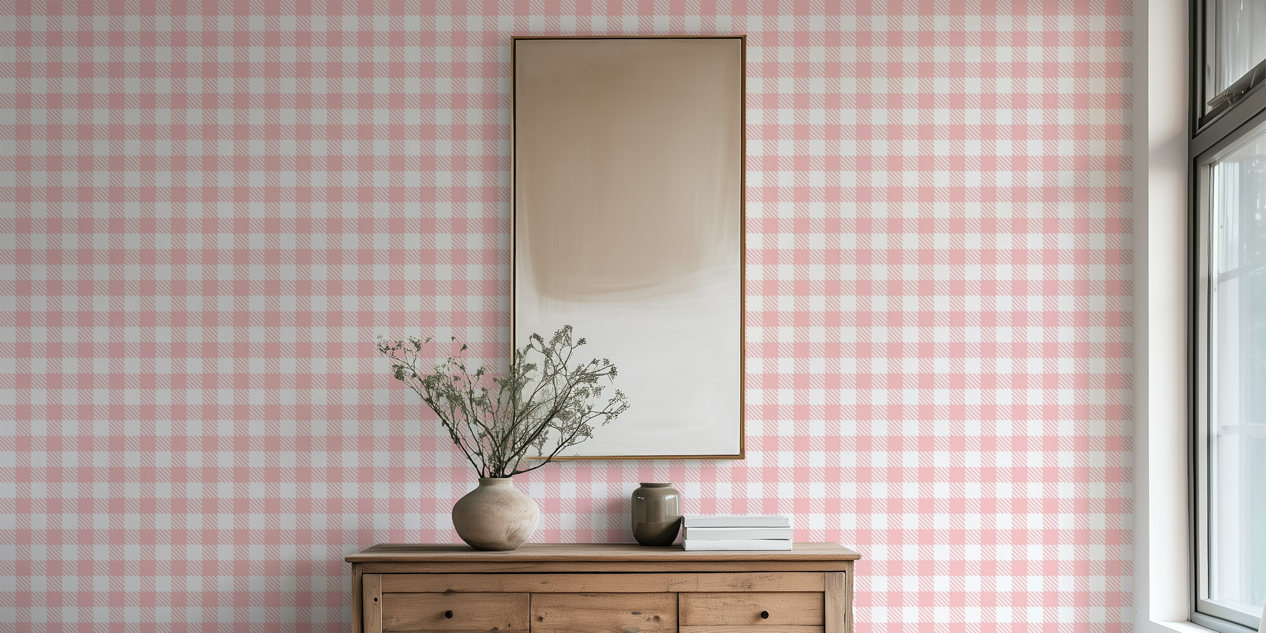 Pink and white gingham check pattern wallpaper