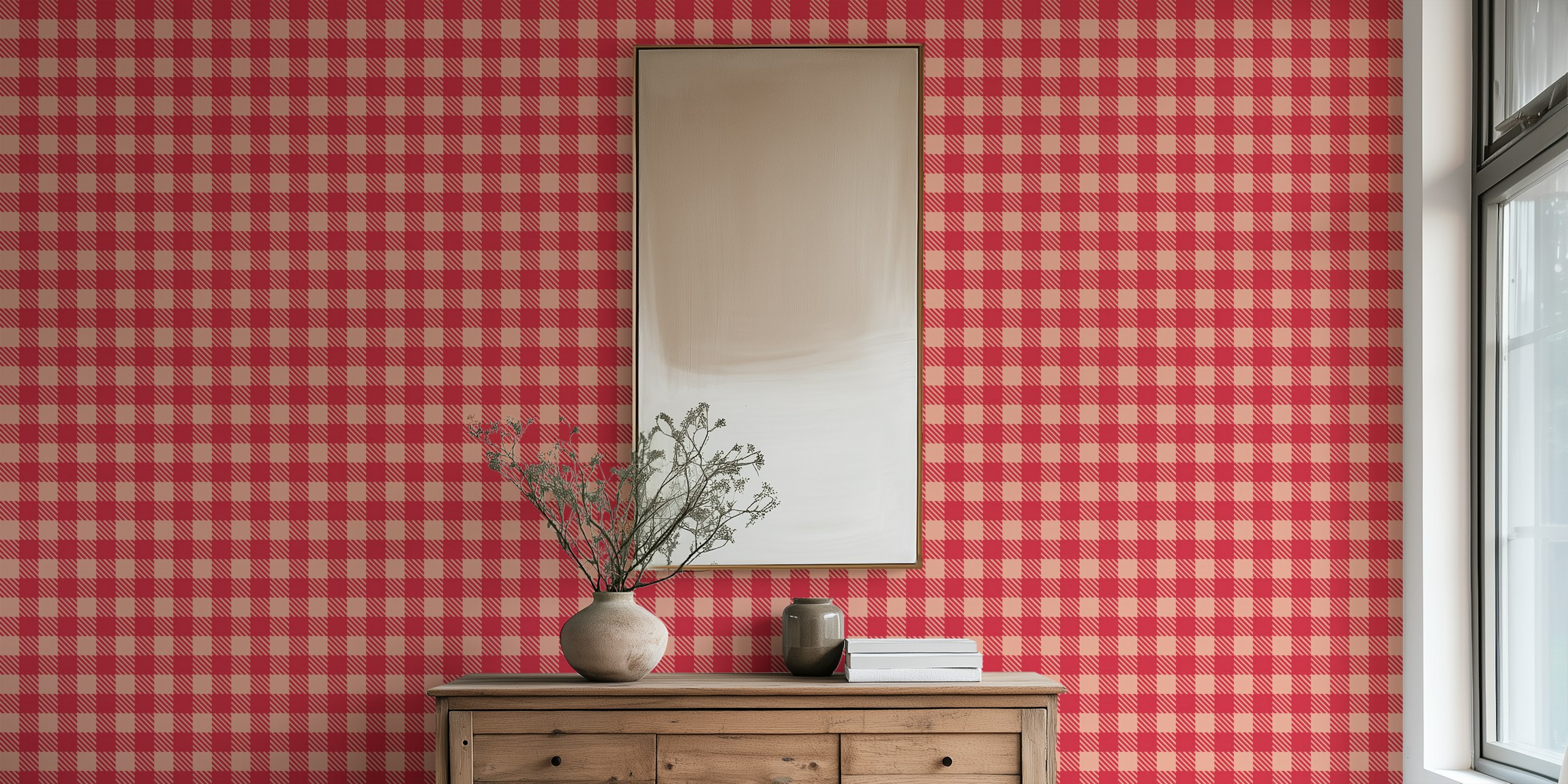 Charming Classic Gingham Pattern Peach Red ταπετσαρία σε ένα δωμάτιο