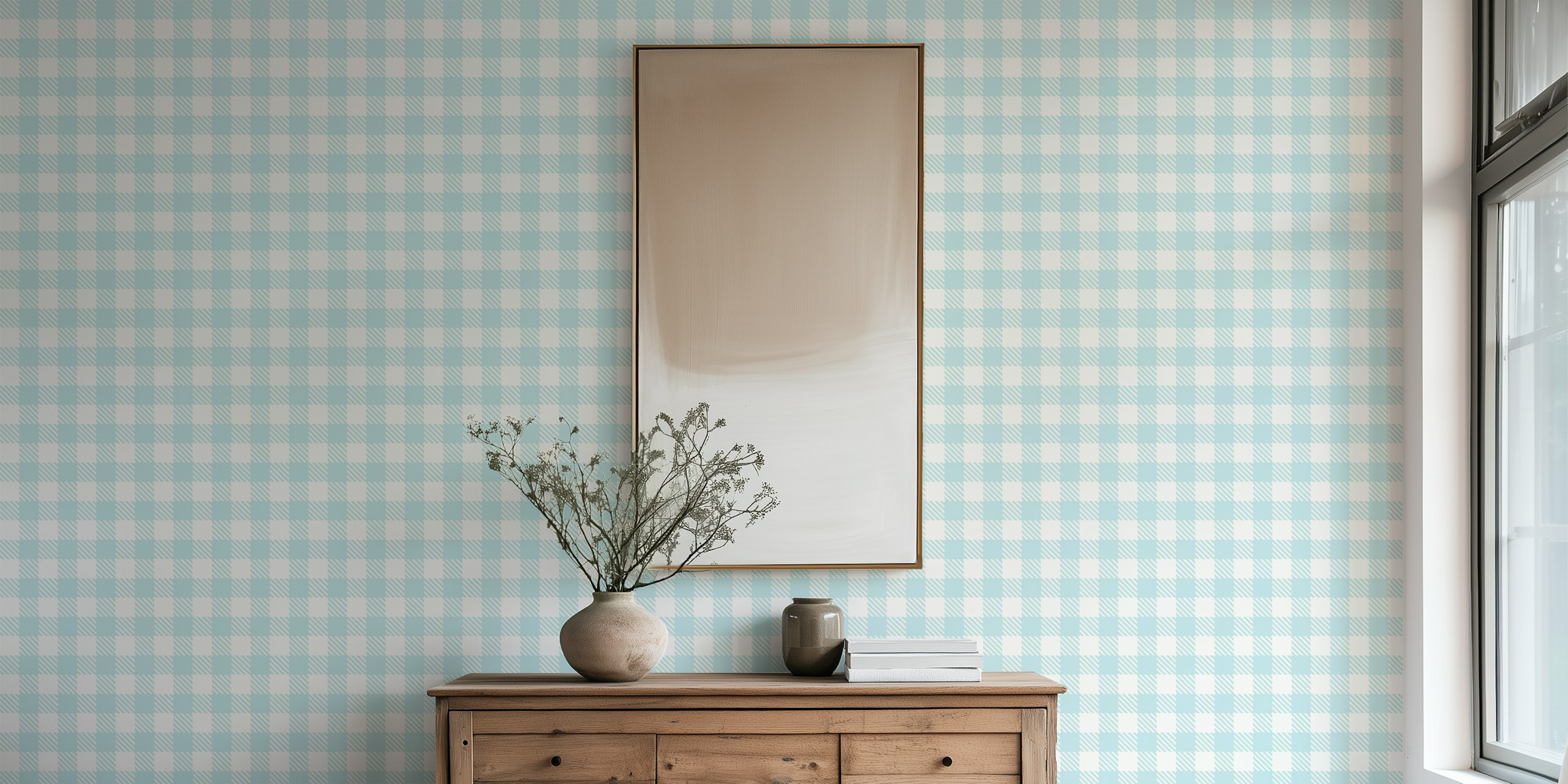Blue gingham check pattern wallpaper with light tones