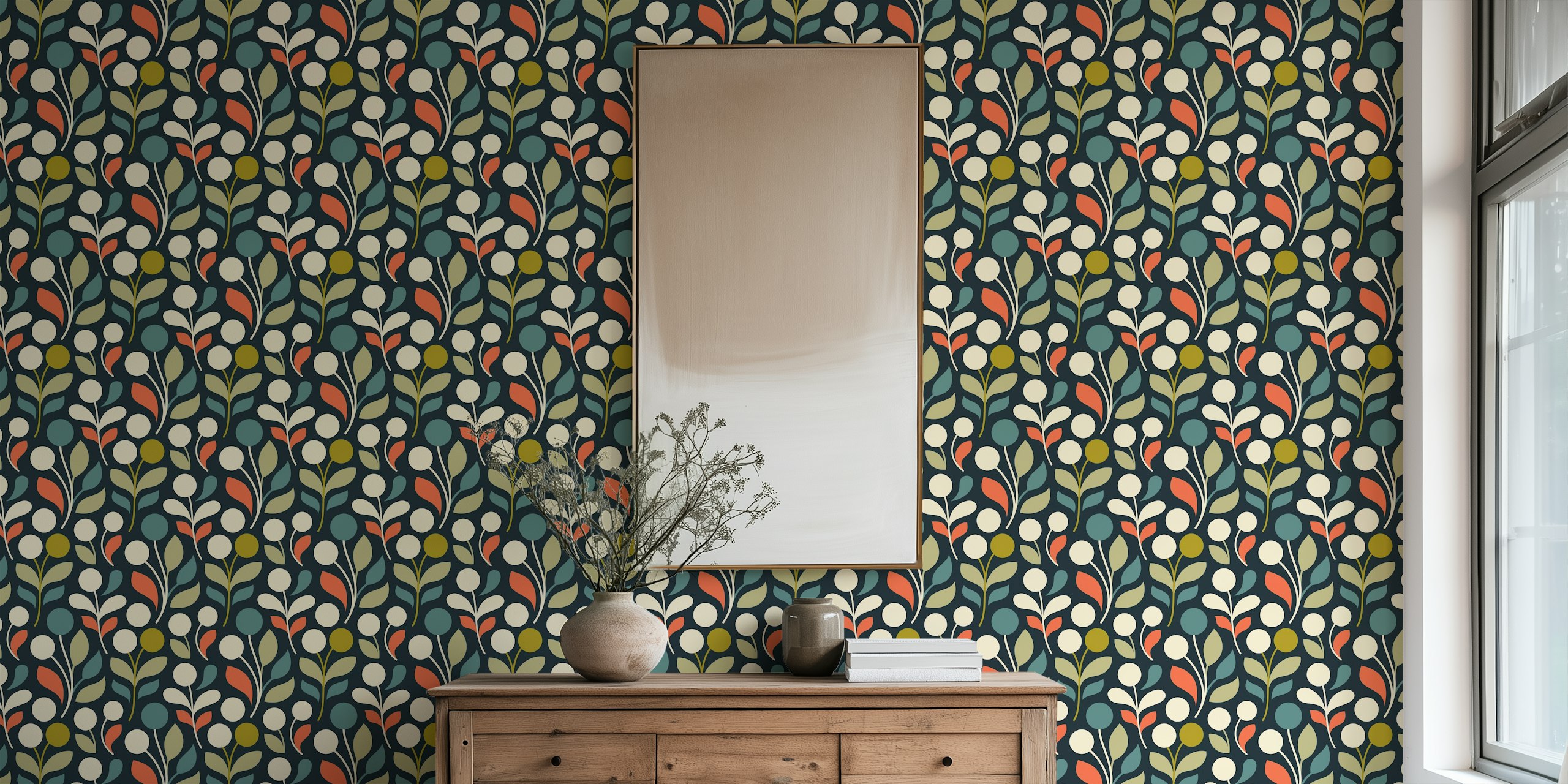 Colorful floral pattern with leaves and round shapes in autumn colors wallpaper.