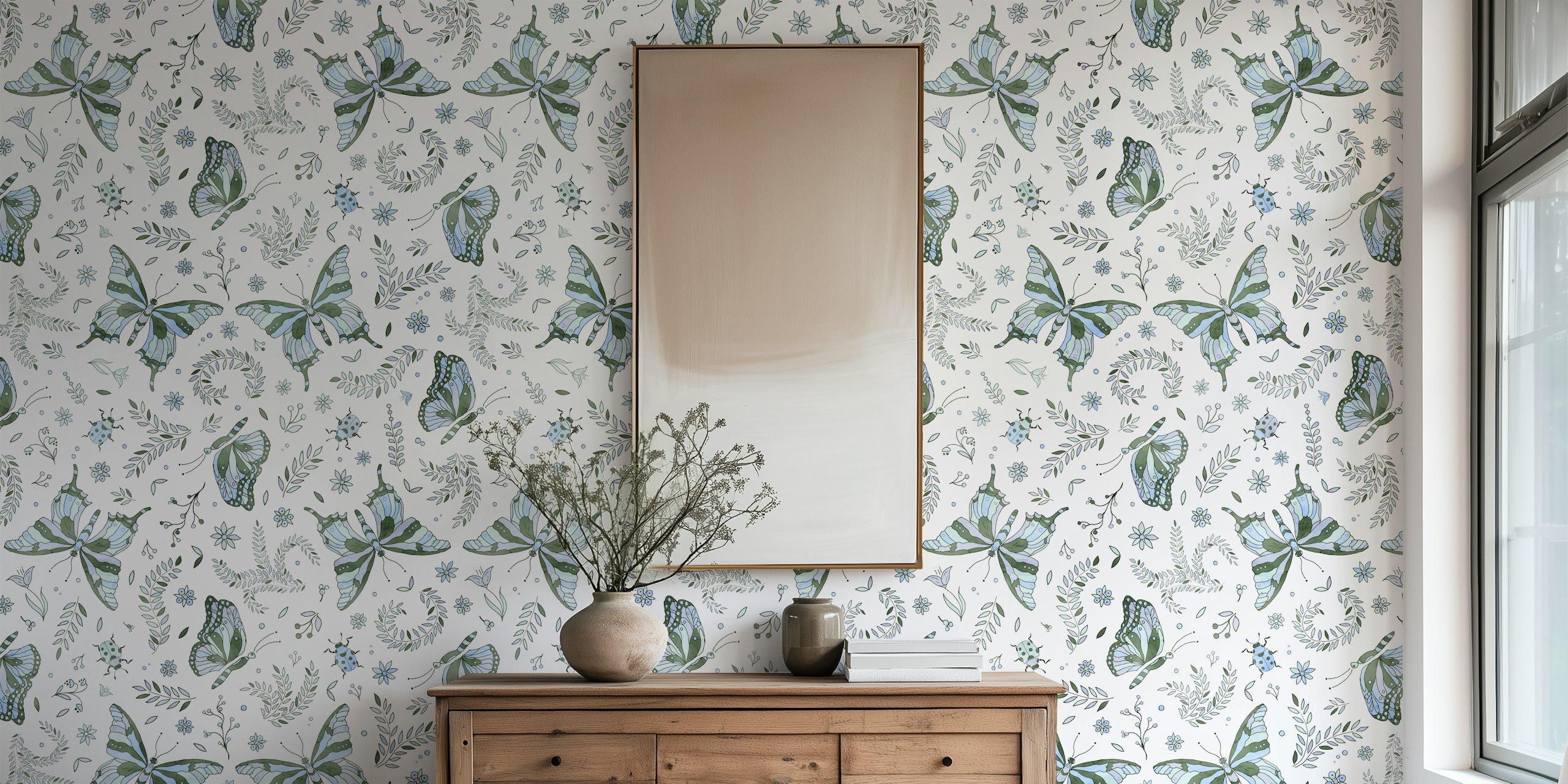 Green and blue butterfly pattern with flowers wallpaper