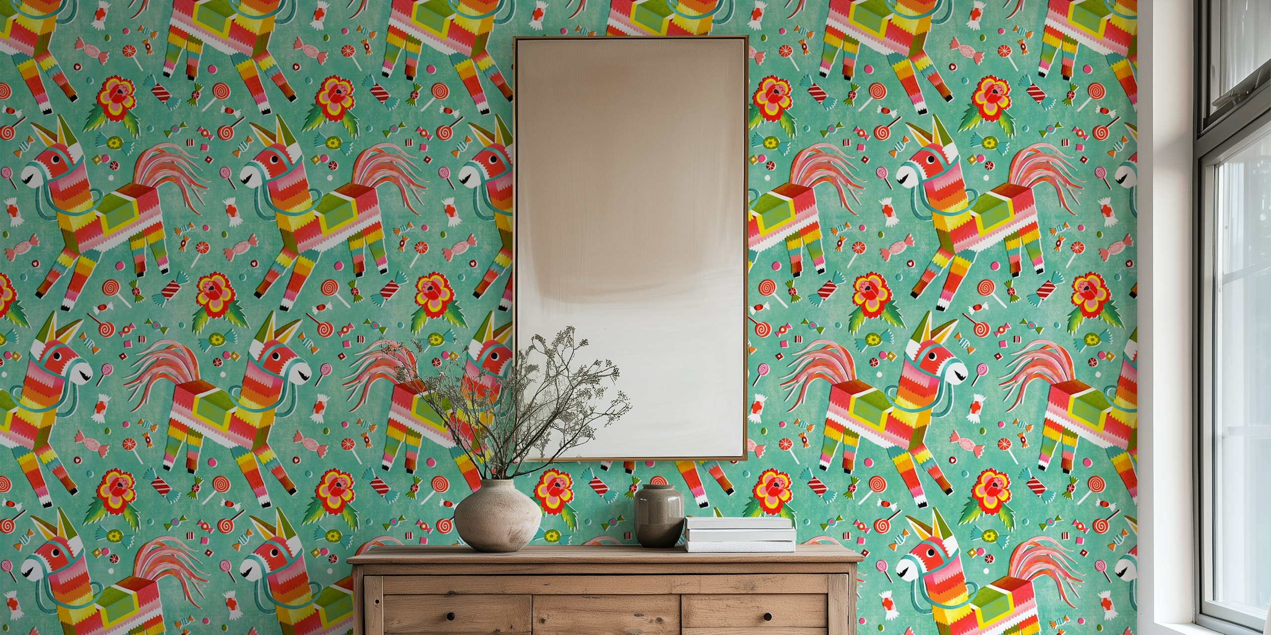 Colorful pinata horse sweets wallpaper in a room