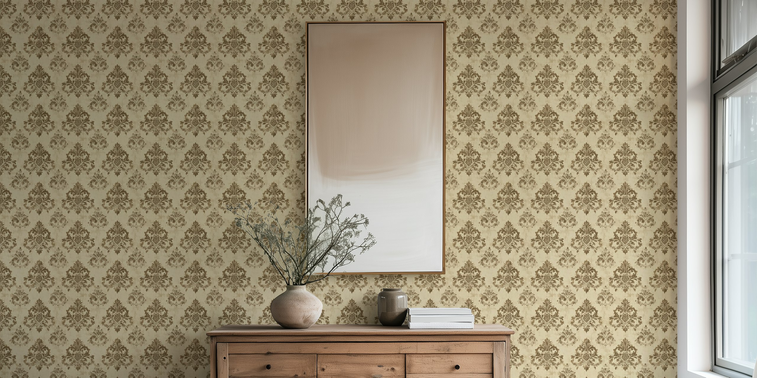Vintage damask pattern wallpaper in beige and brown tones