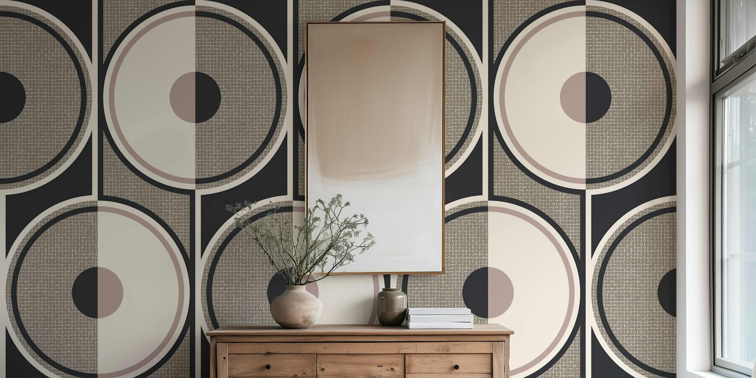 Retro circles beige brown behang in een kamer