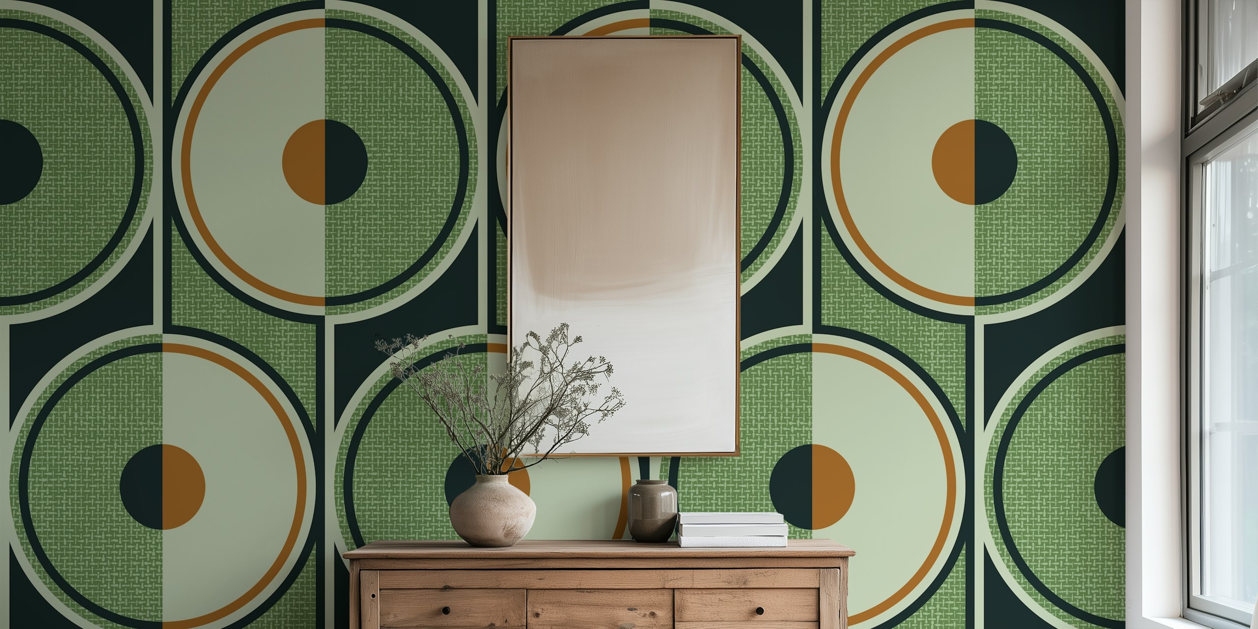 Papel de parede Retro Circles green em um quarto