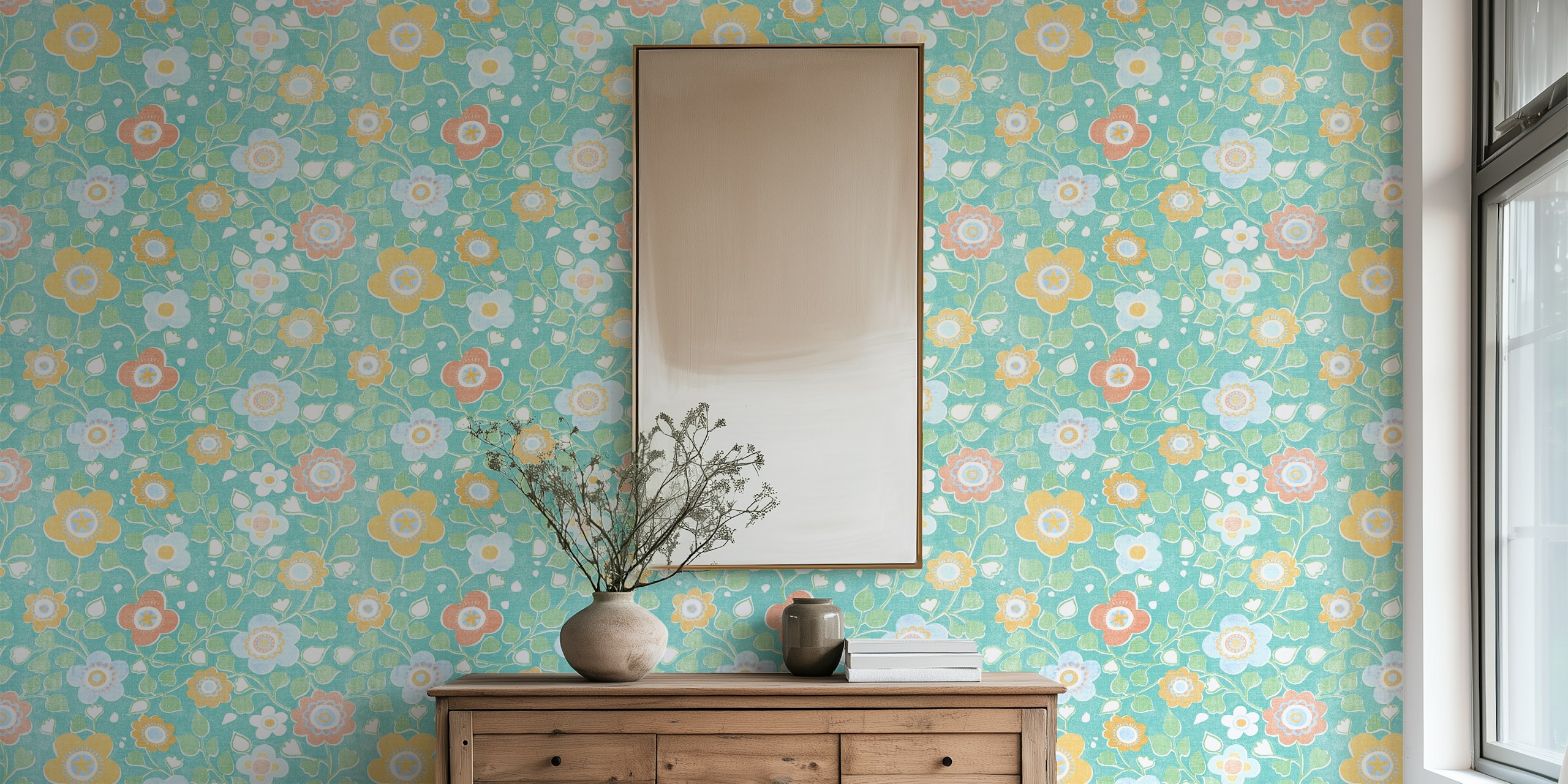 Simply Boho turquoise floral wallpaper in a room