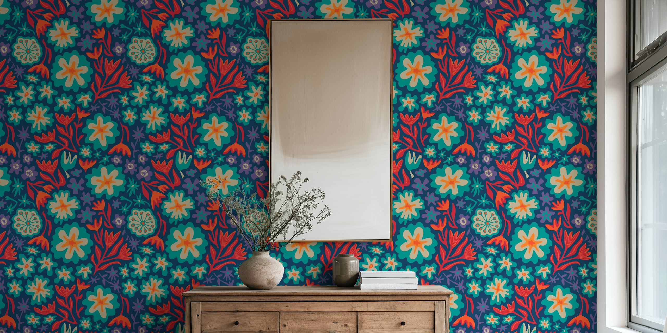 Colorful tropical flowers and leaves on blue background wallpaper