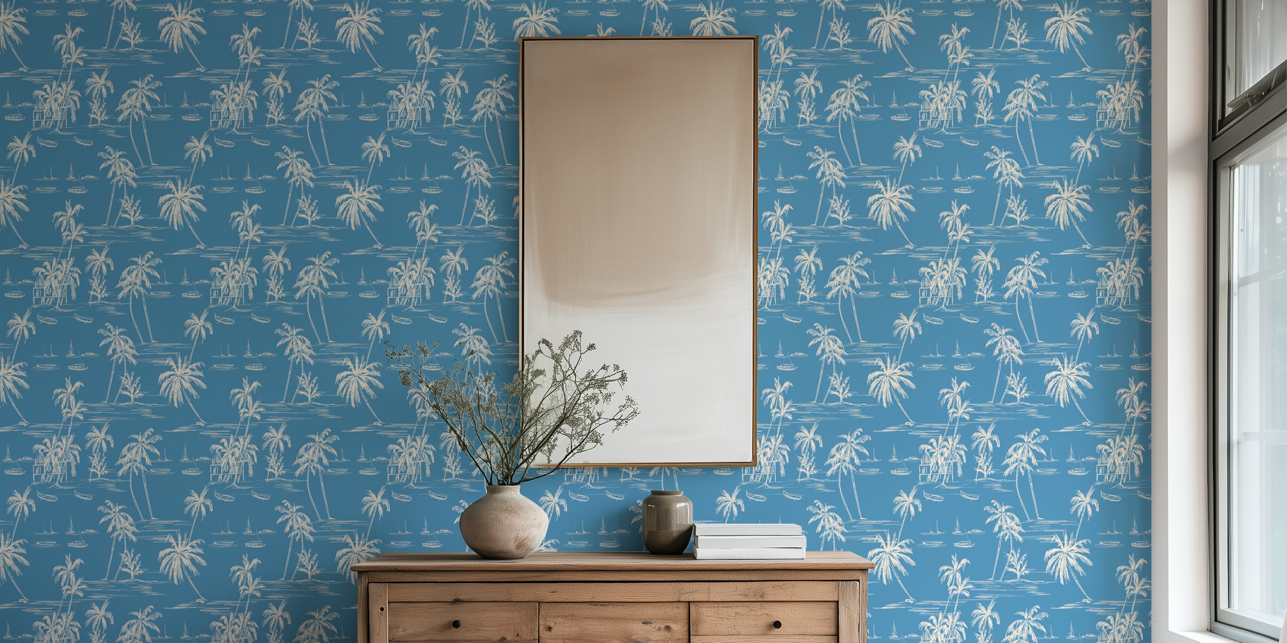 Blue beach landscape wallpaper in a room