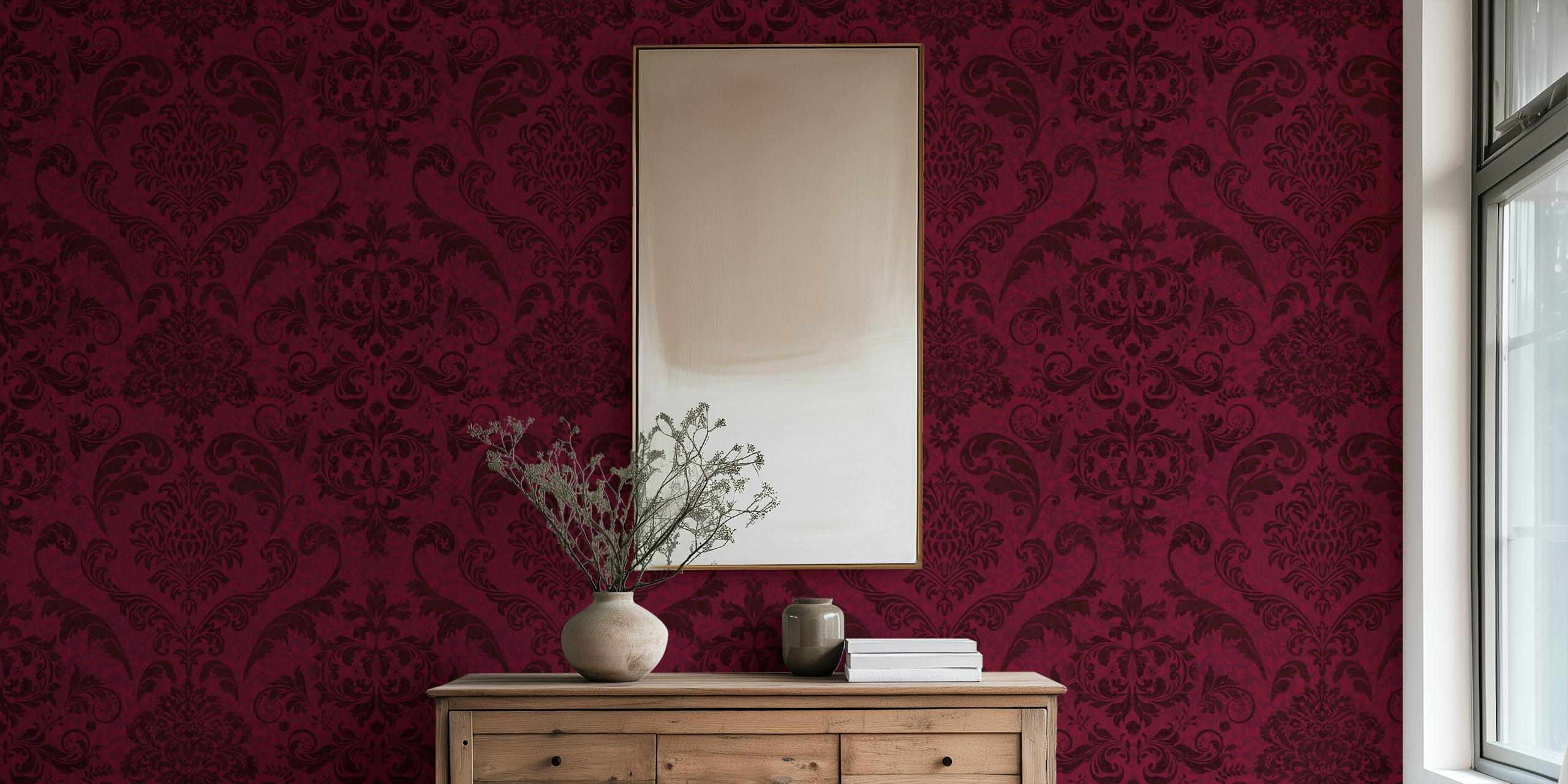 Burgundy crimson damask wallpaper
