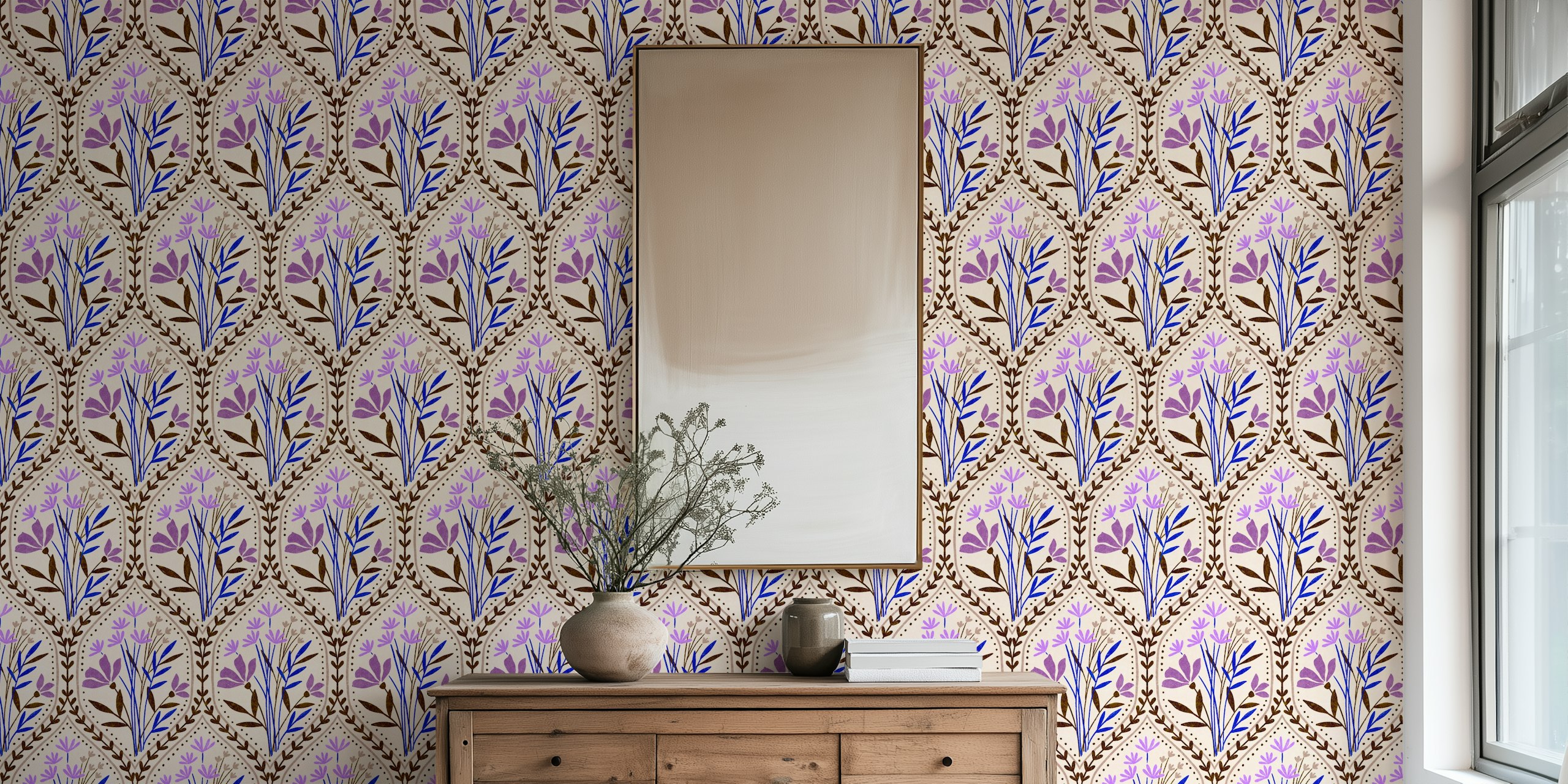 Floral purple wallpaper in a room