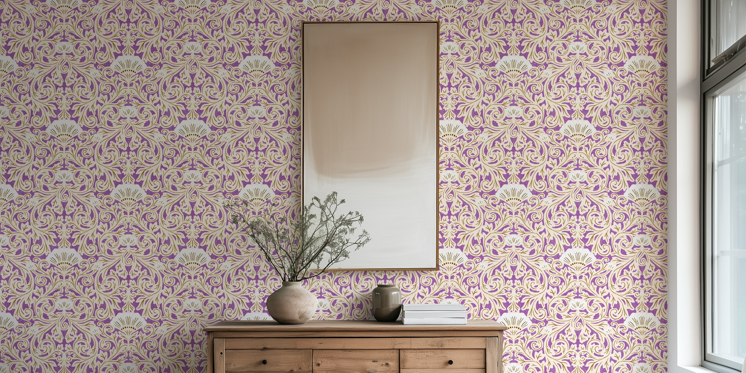 Purple patterned wallpaper in a room