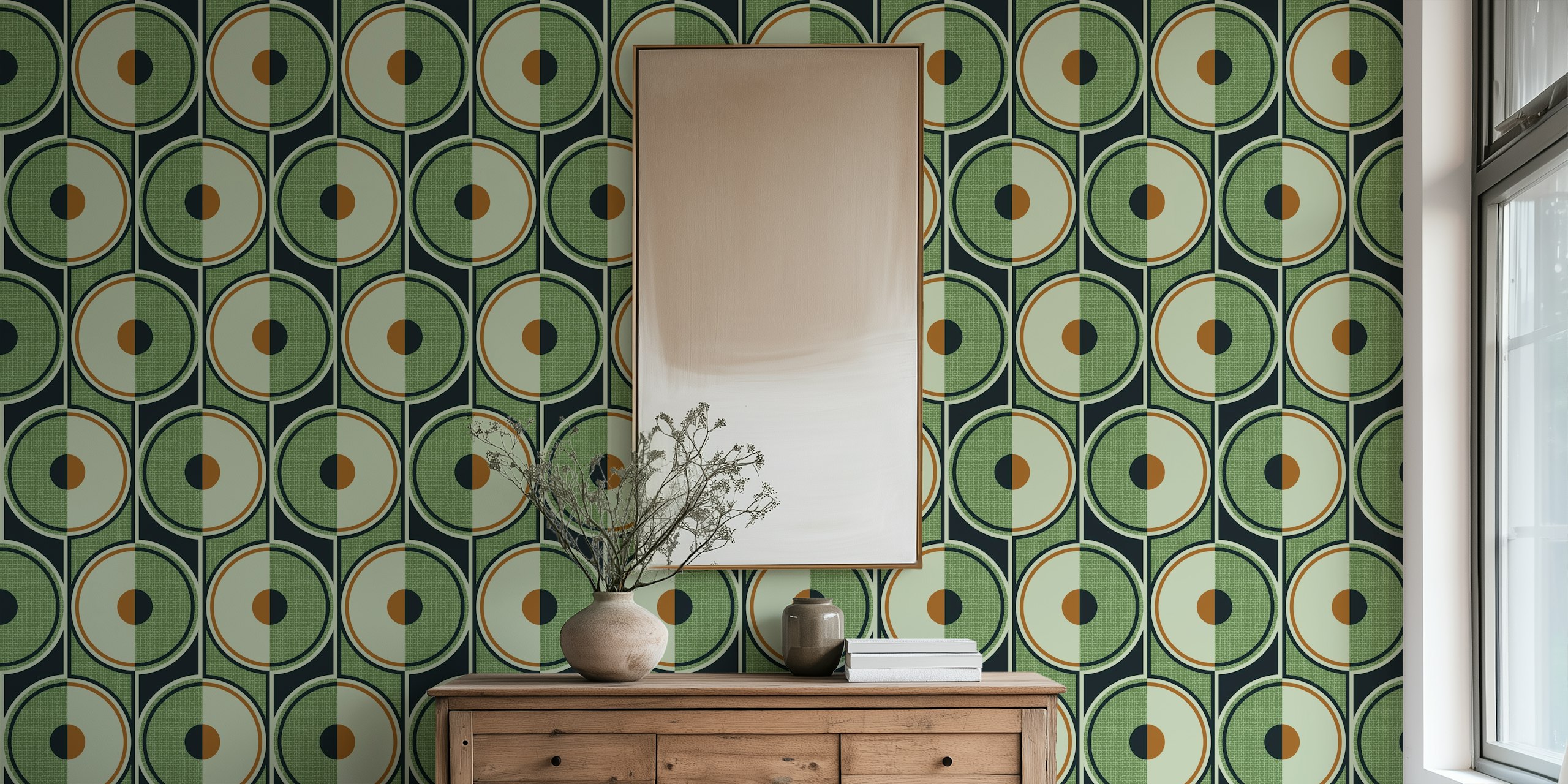 Small Retro Circles green papel de parede em um quarto
