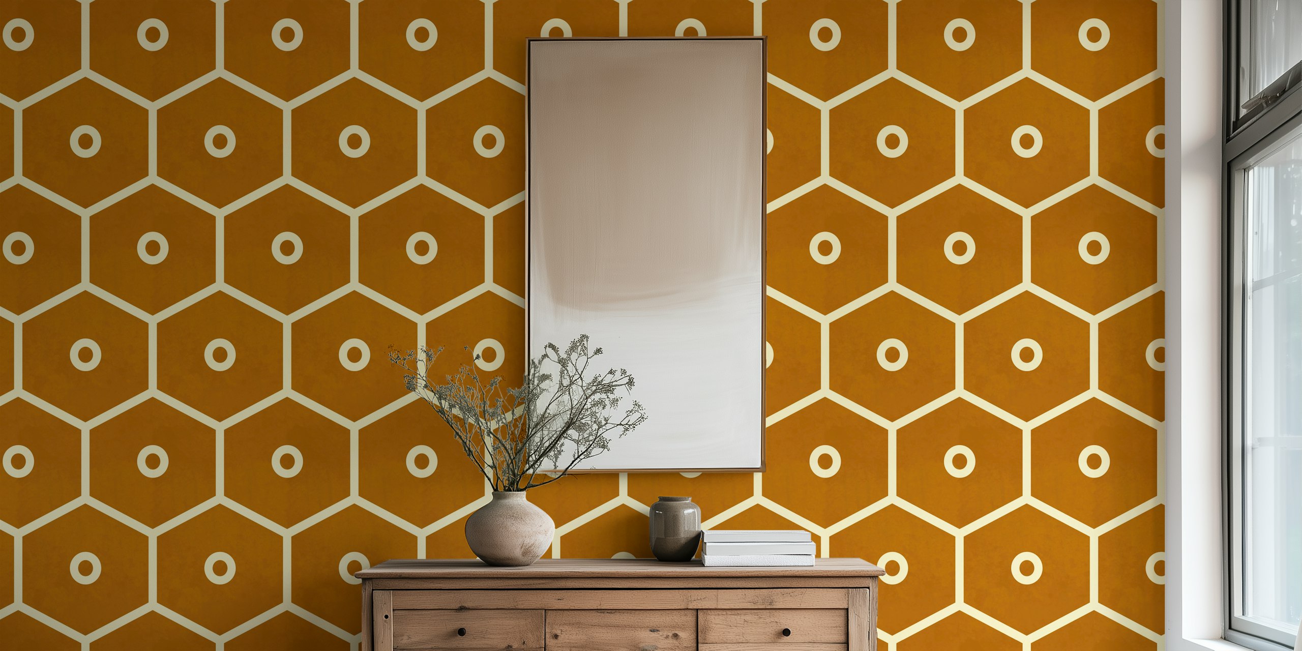 Honeycomb geometric pattern in bronze and ivory wallpaper