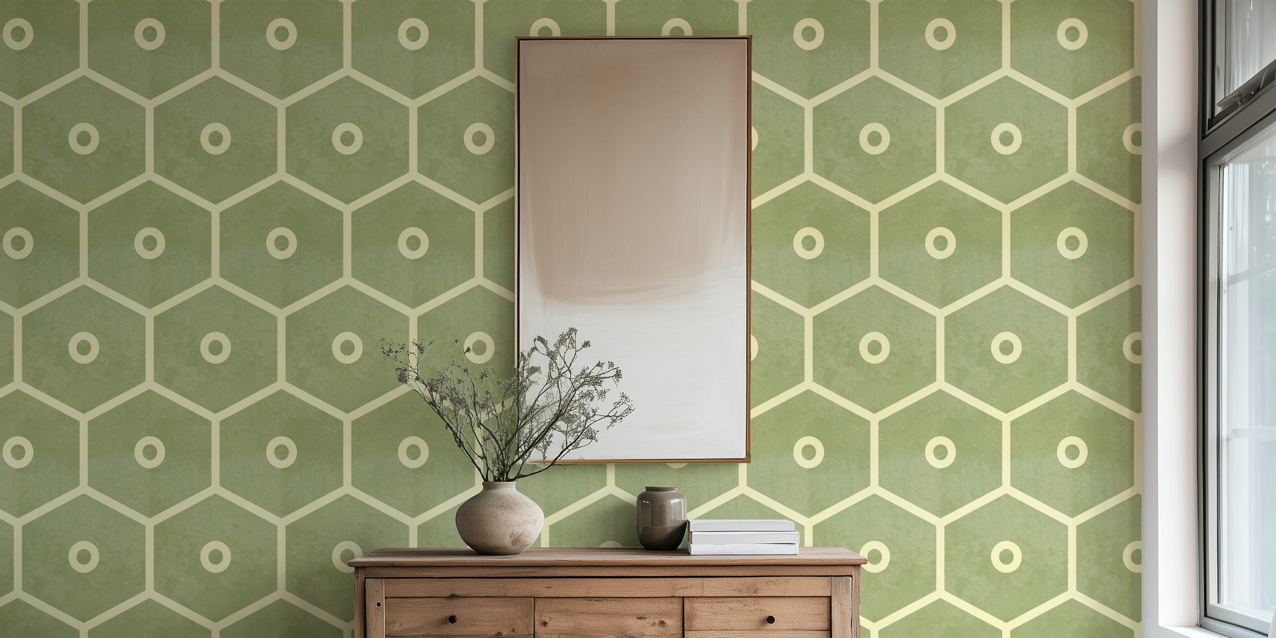 Tiles Honeycomb Sage Ivory tapeta u sobi