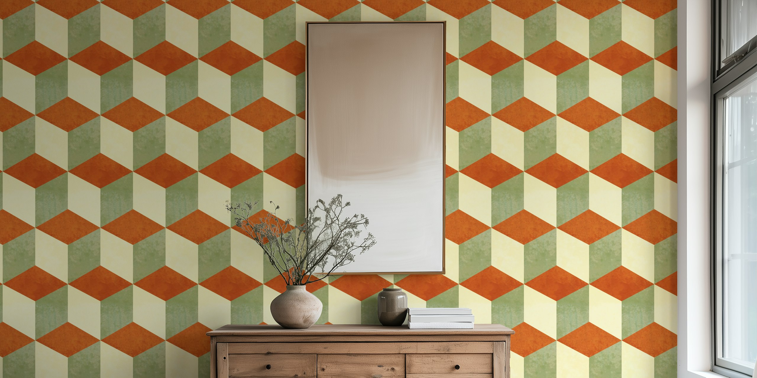 Geometric hexagonal pattern in sage green and copper wallpaper