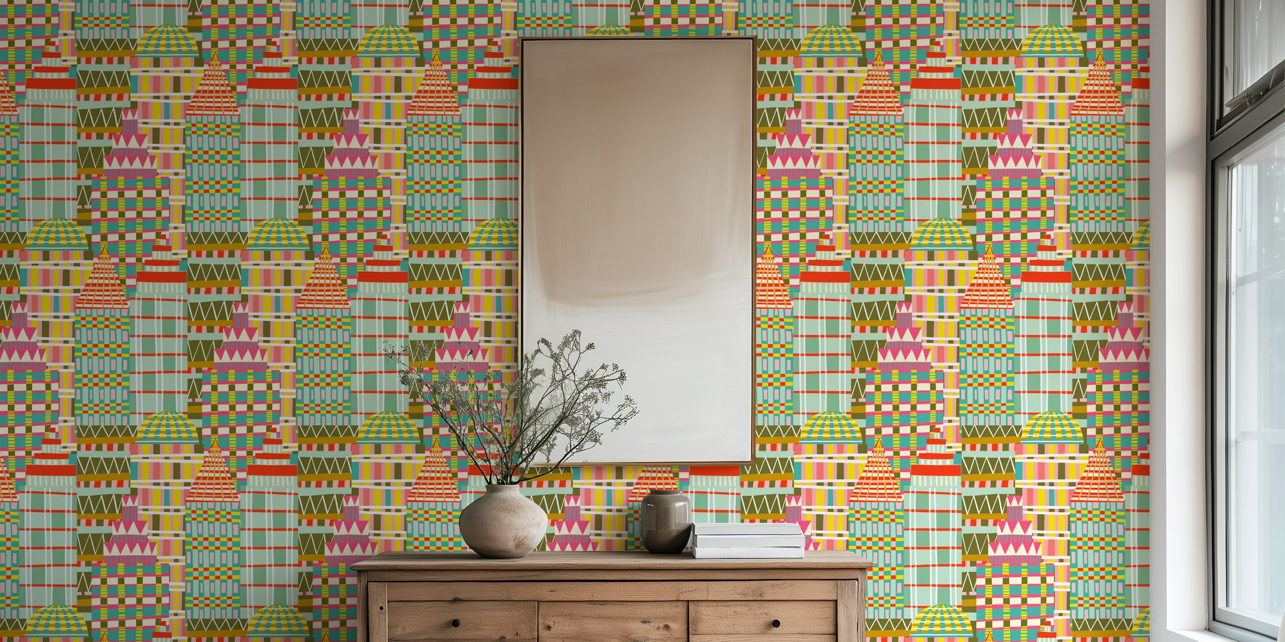 Colorful skyscrapers wallpaper in een kamer