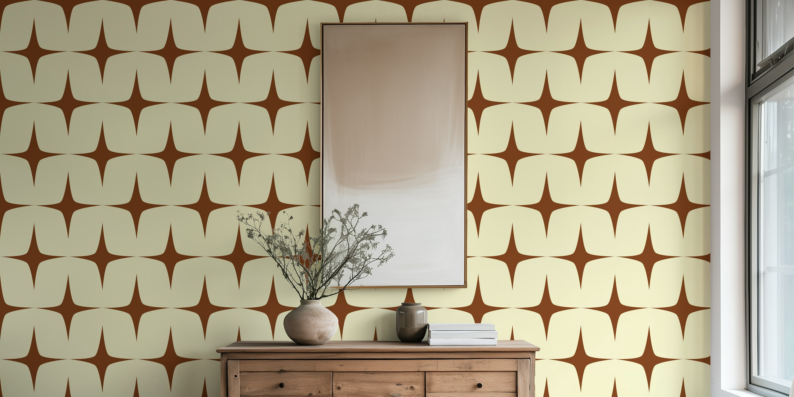 Mid century geometric starburst pattern in burnt umber and ivory wallpaper