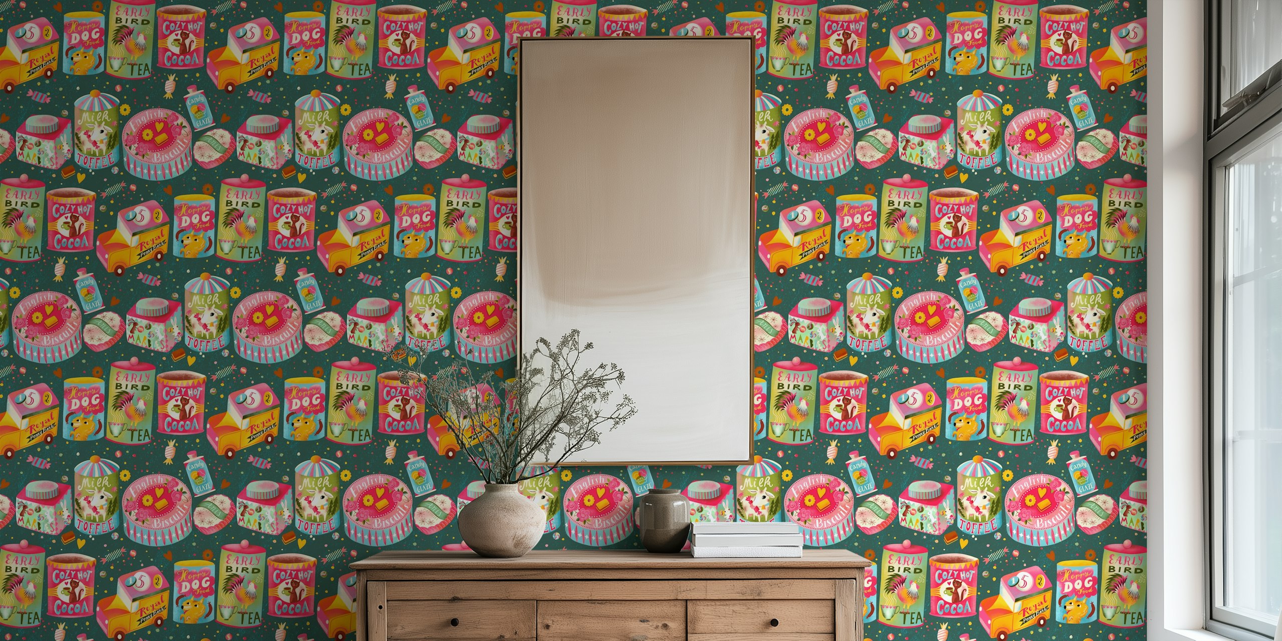Design de papel de parede Vintage tins em um quarto