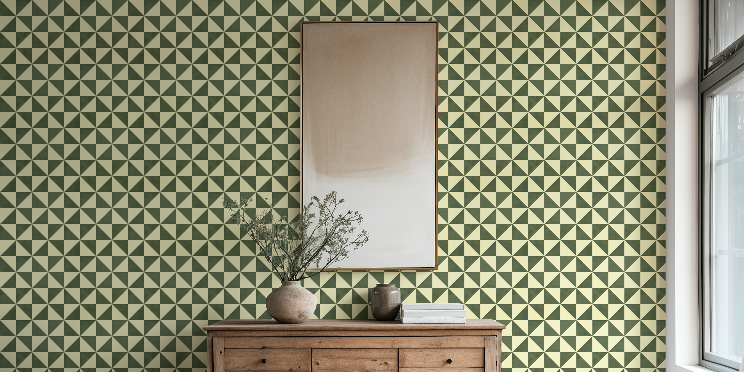 Rustic geometric mosaic tiles in a room