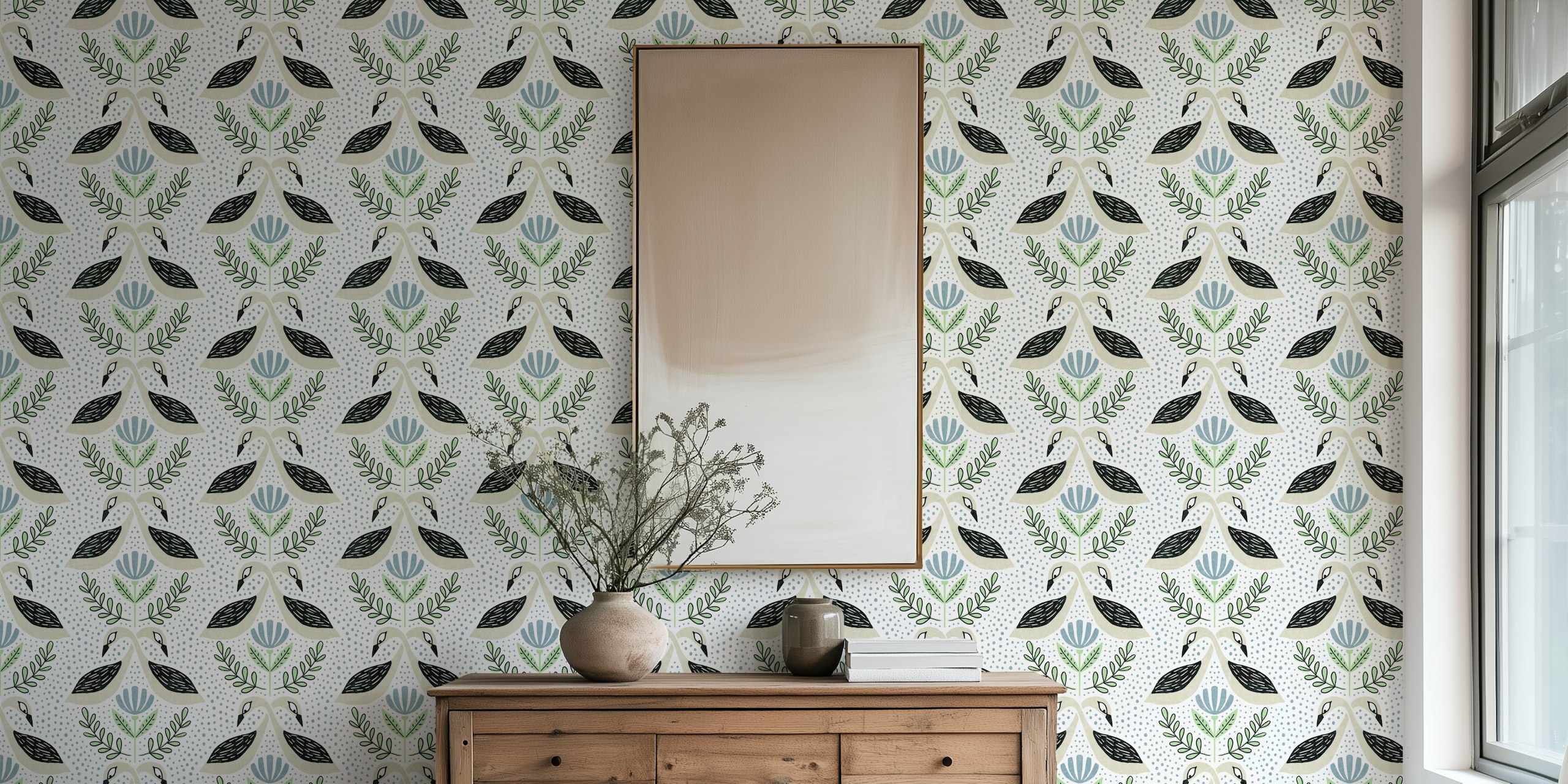 Floral pattern with birds in blue and beige colors wallpaper