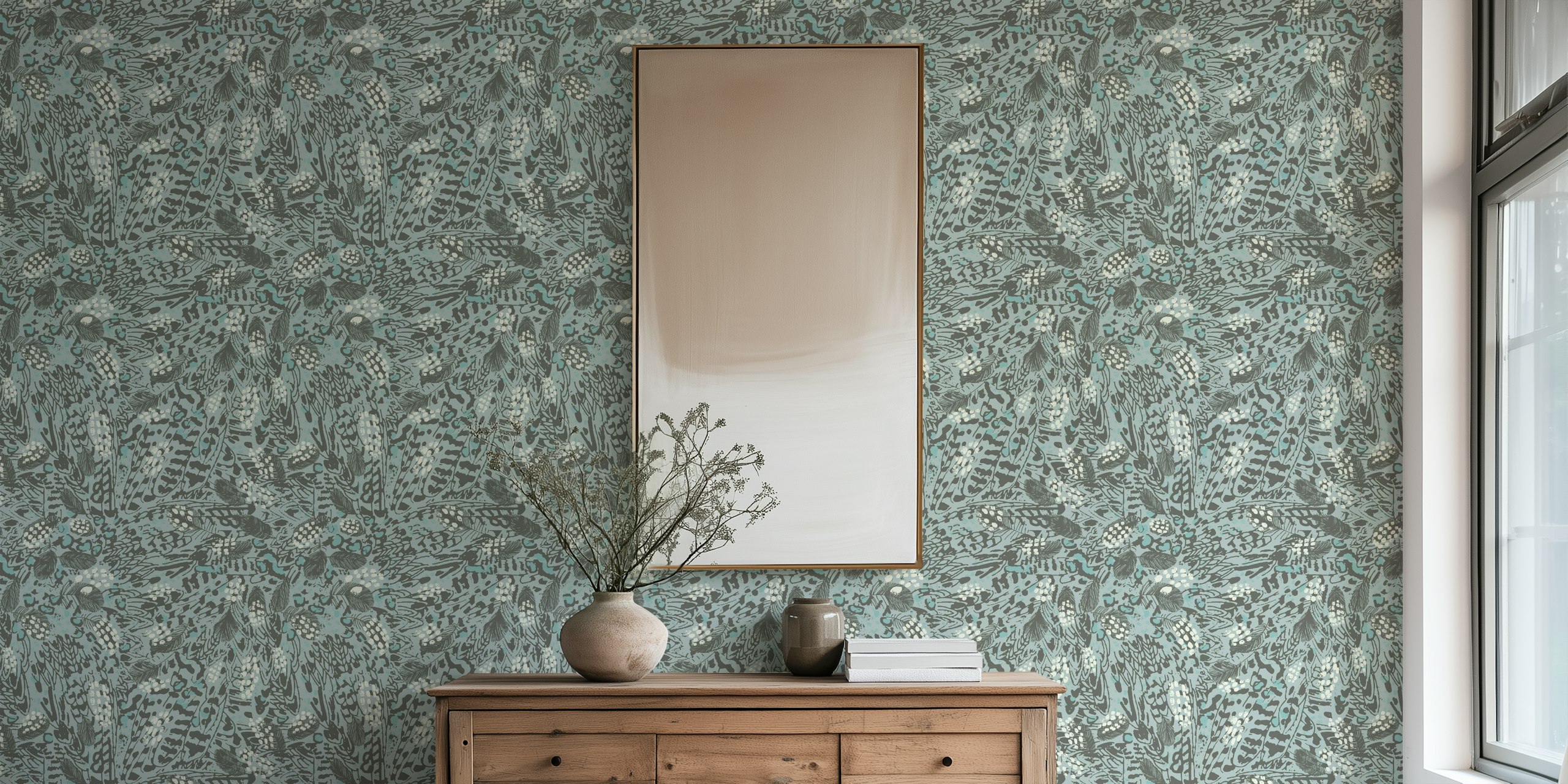 Neutral blue animal print wallpaper featuring abstract patterns.