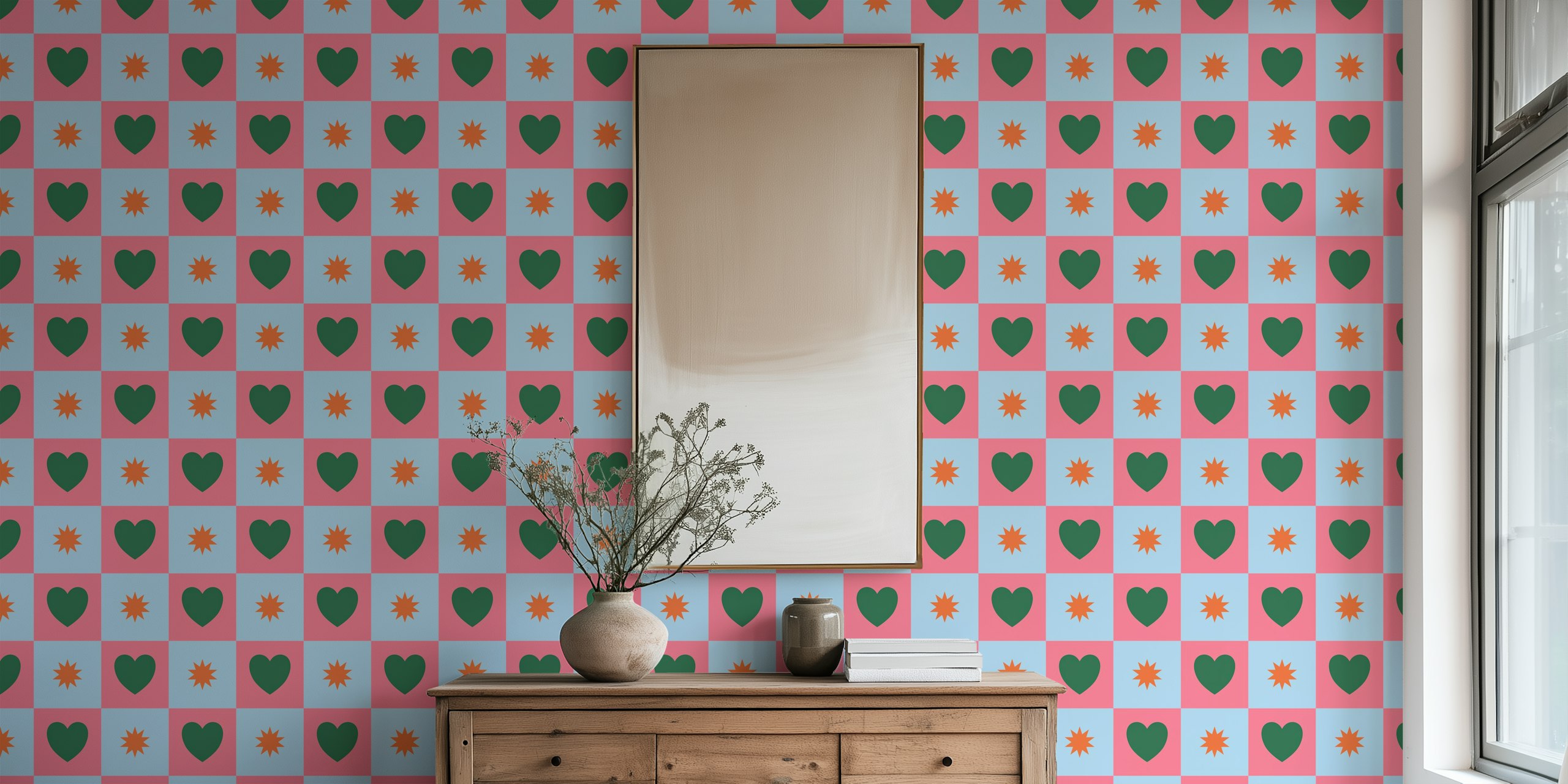 Fargerik Colorful Checkered Vintage Heart Grid tapetdesign