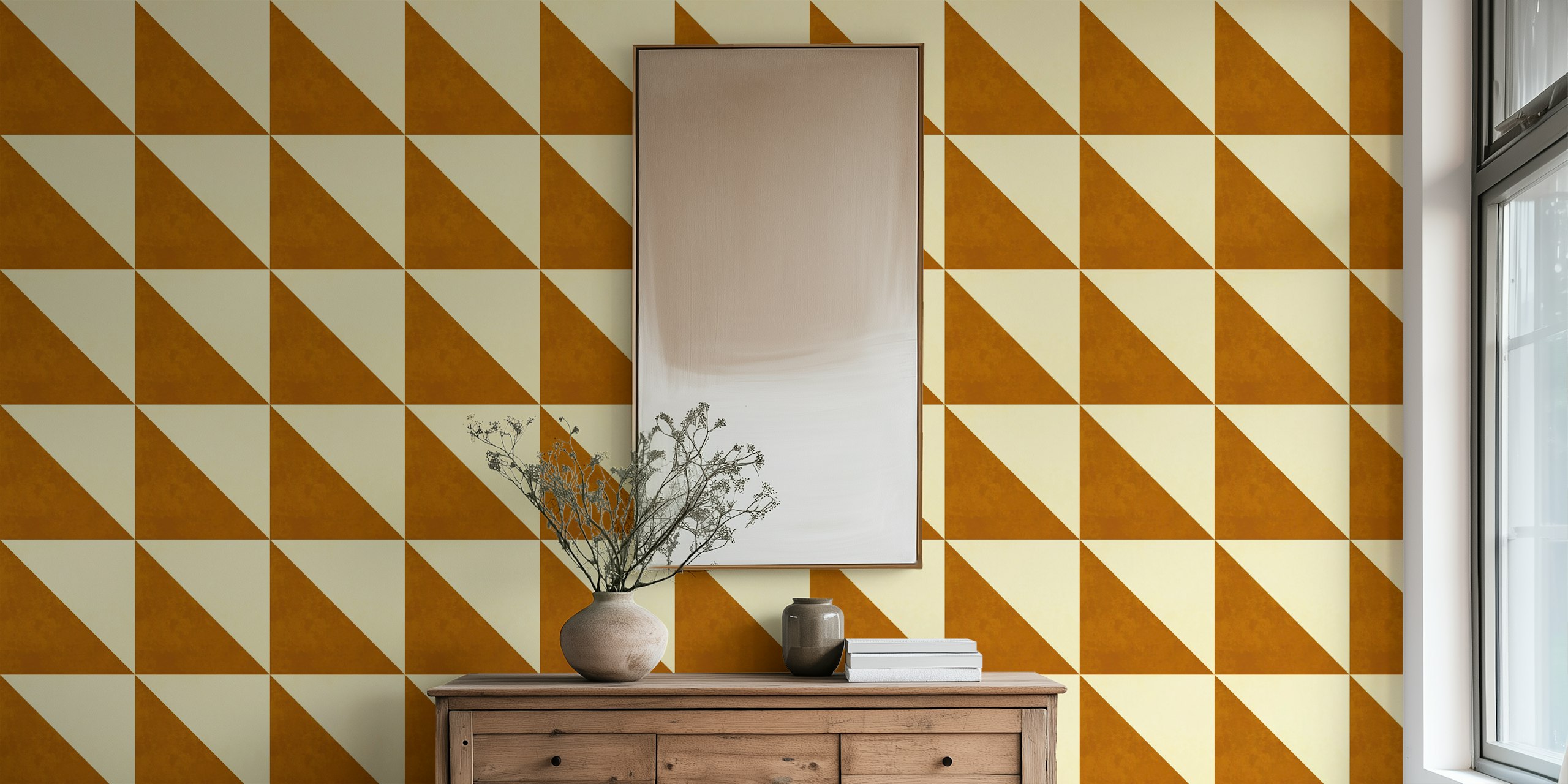 Rustic diagonal split copper and cream tile wallpaper