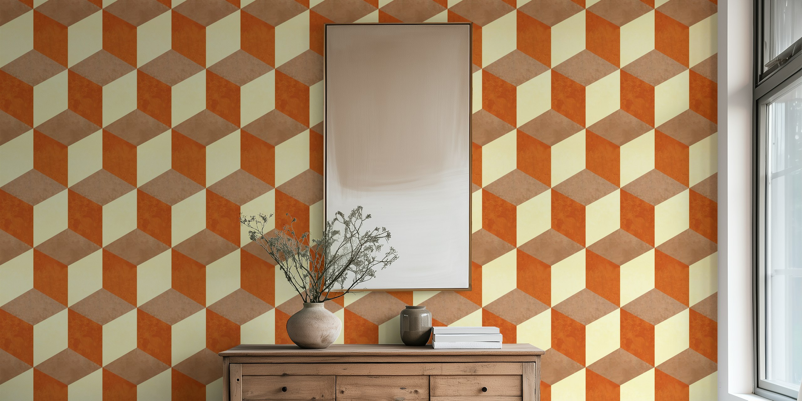 Geometric pattern of copper and beige shapes wallpaper