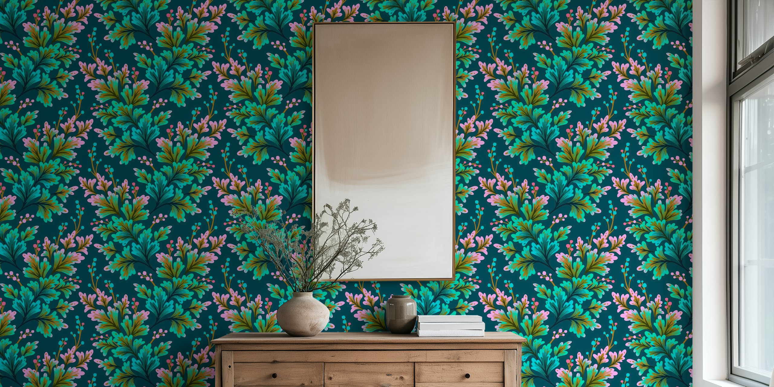 Frilled Foliage - Emerald Green / Pink behang in een moderne kamer