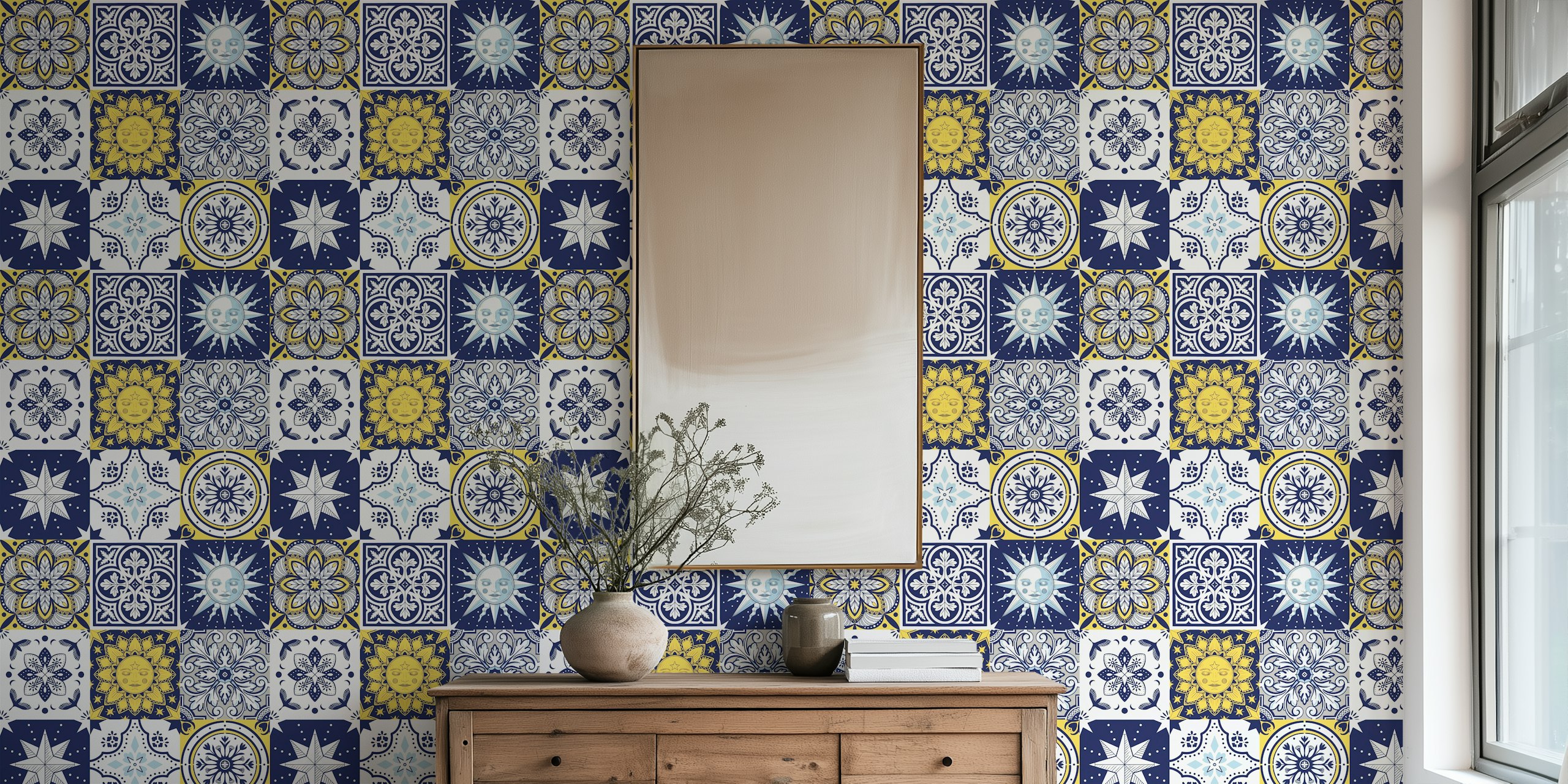 Celestial tile patterns in blue and yellow, decorative wallpaper