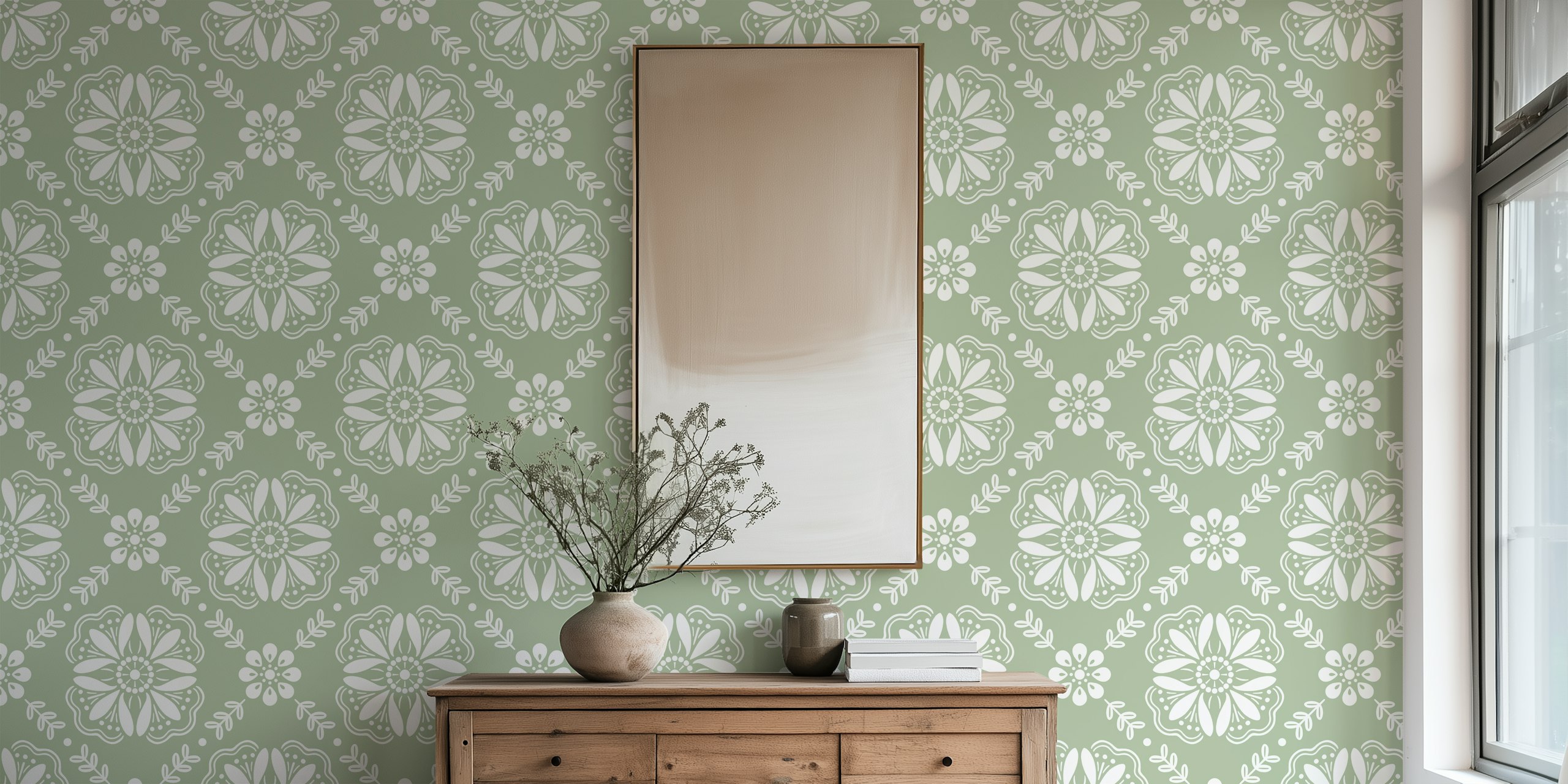 Sage green floral tile wallpaper featuring white patterns
