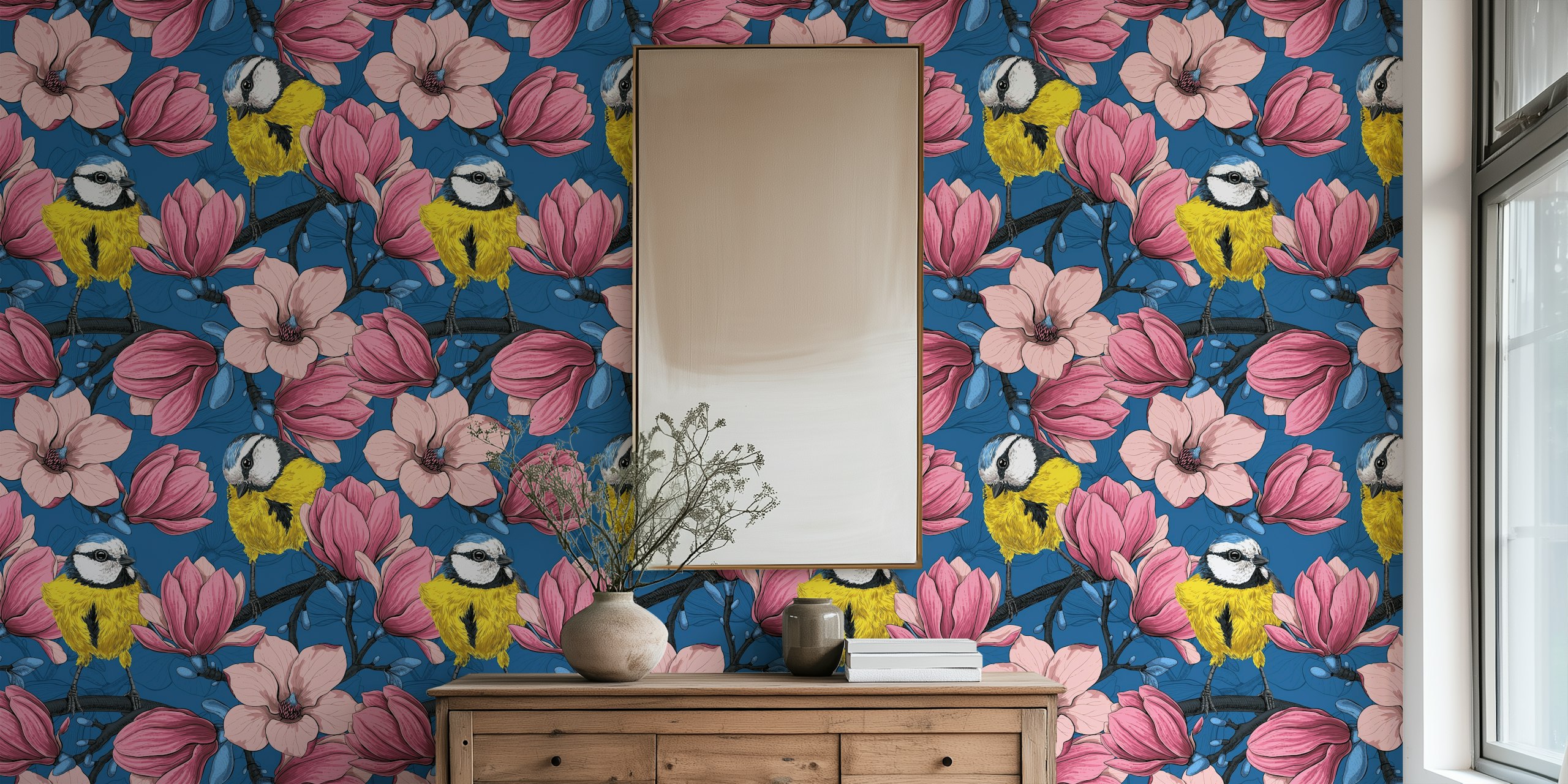 Two birds perched on pink flowers with blue background wallpaper