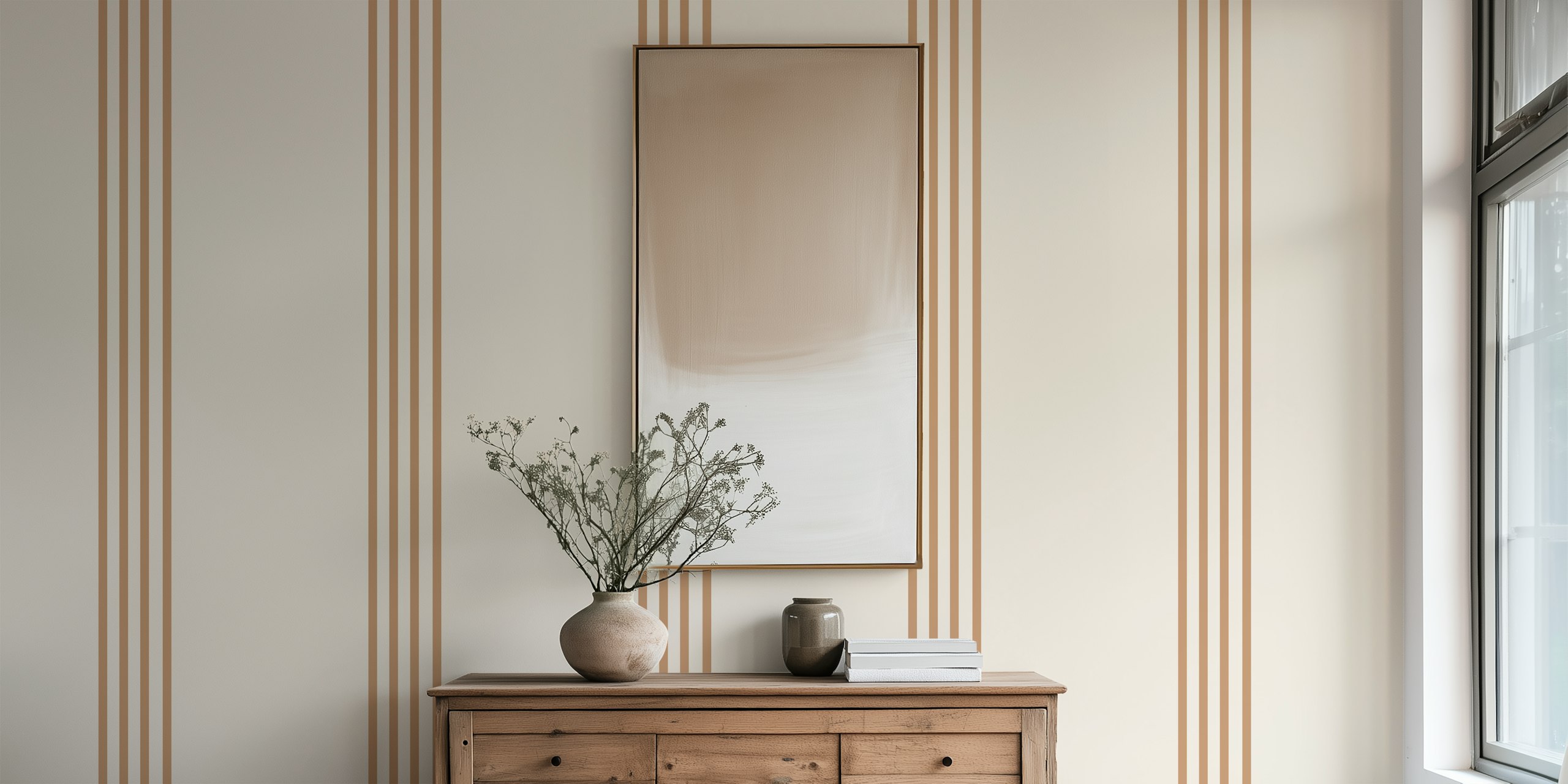 Sandy taupe stripes on off-white wallpaper