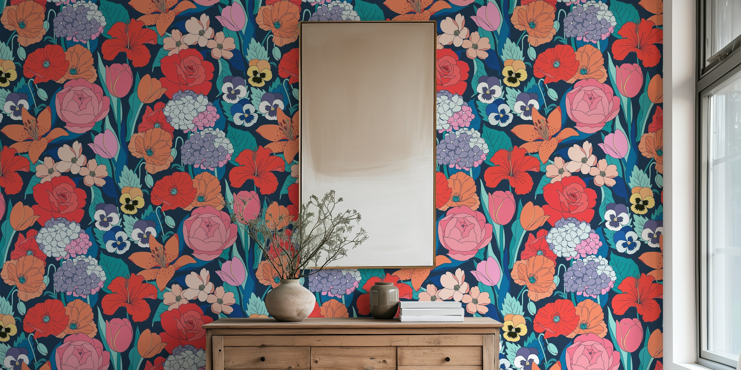 Purposeful Posies wallpaperontwerp in een kamer