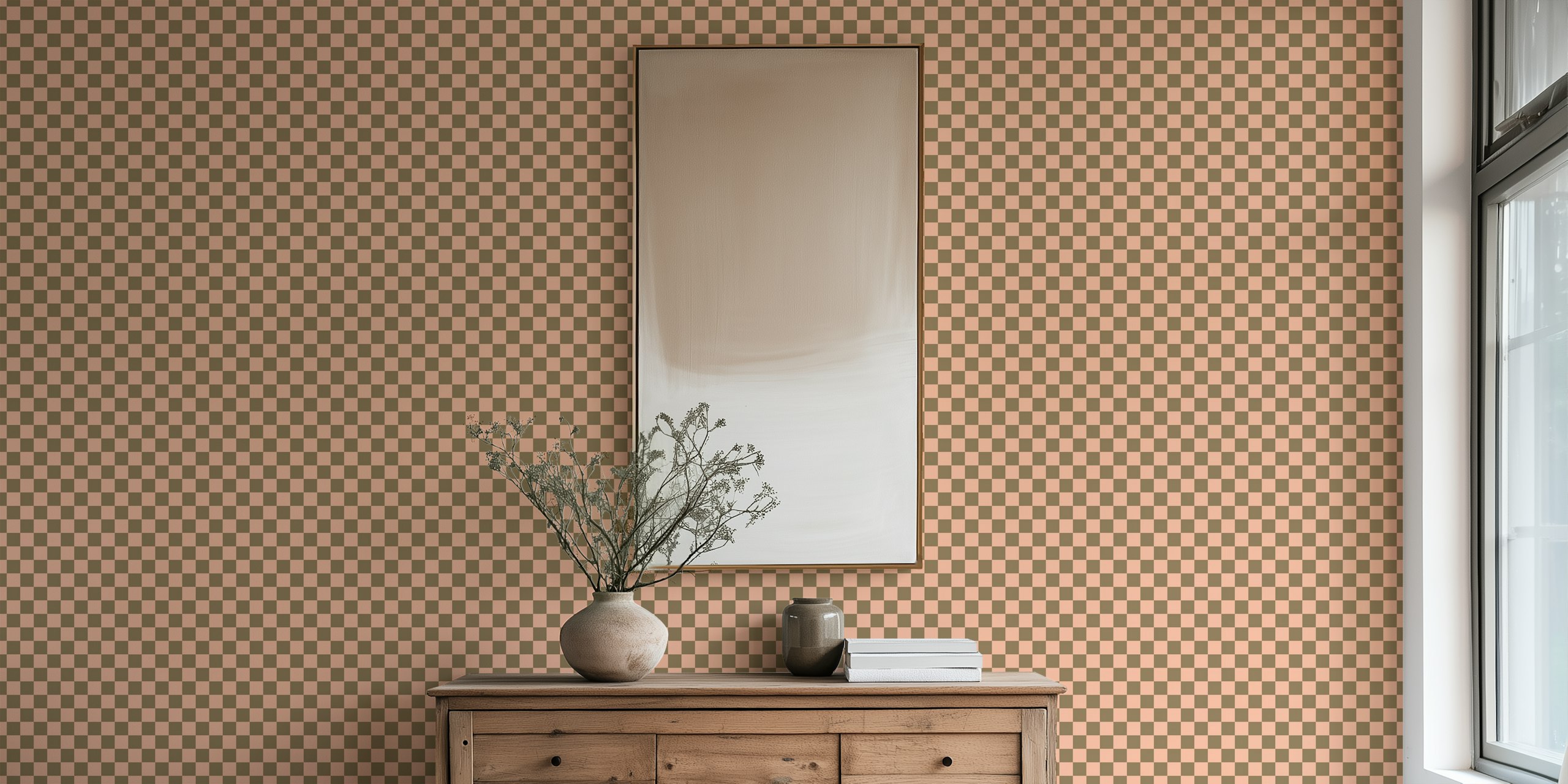 Classic check plaid wallpaper in pink and brown