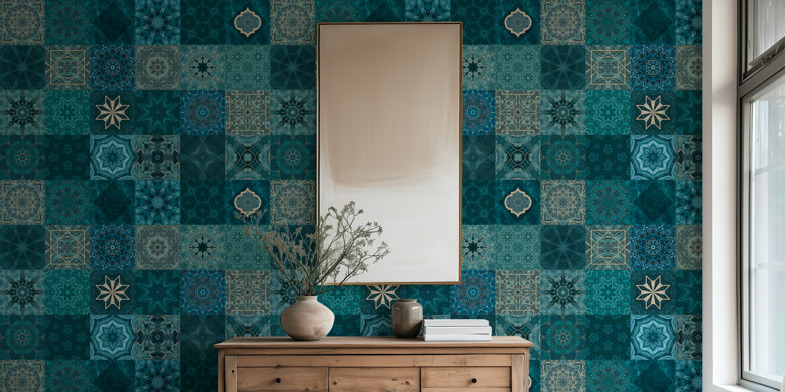 Mediterranean Mosaic Teal Gold wallpaper in a room