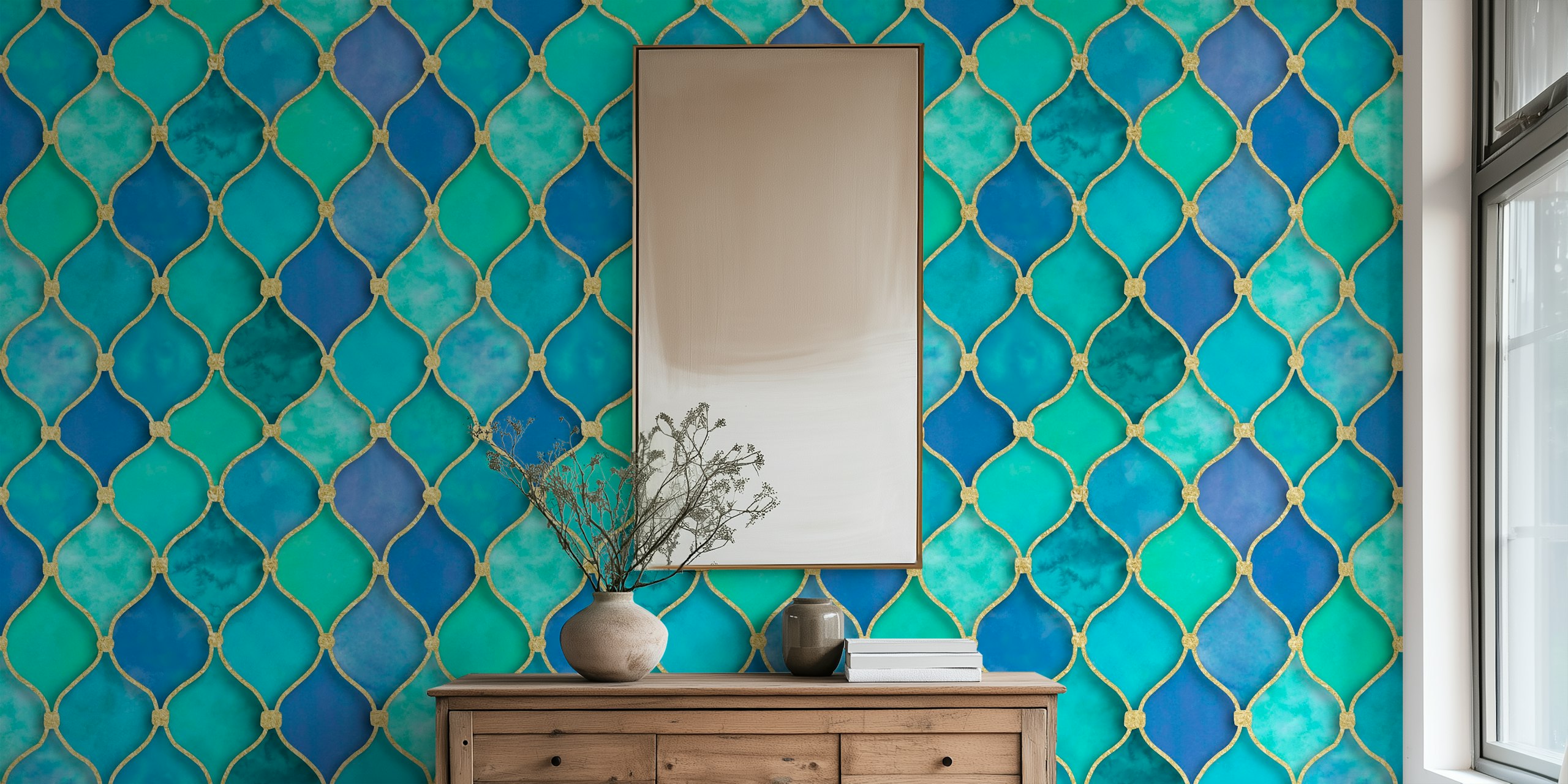 Turquoise Moroccan tile patterned wallpaper