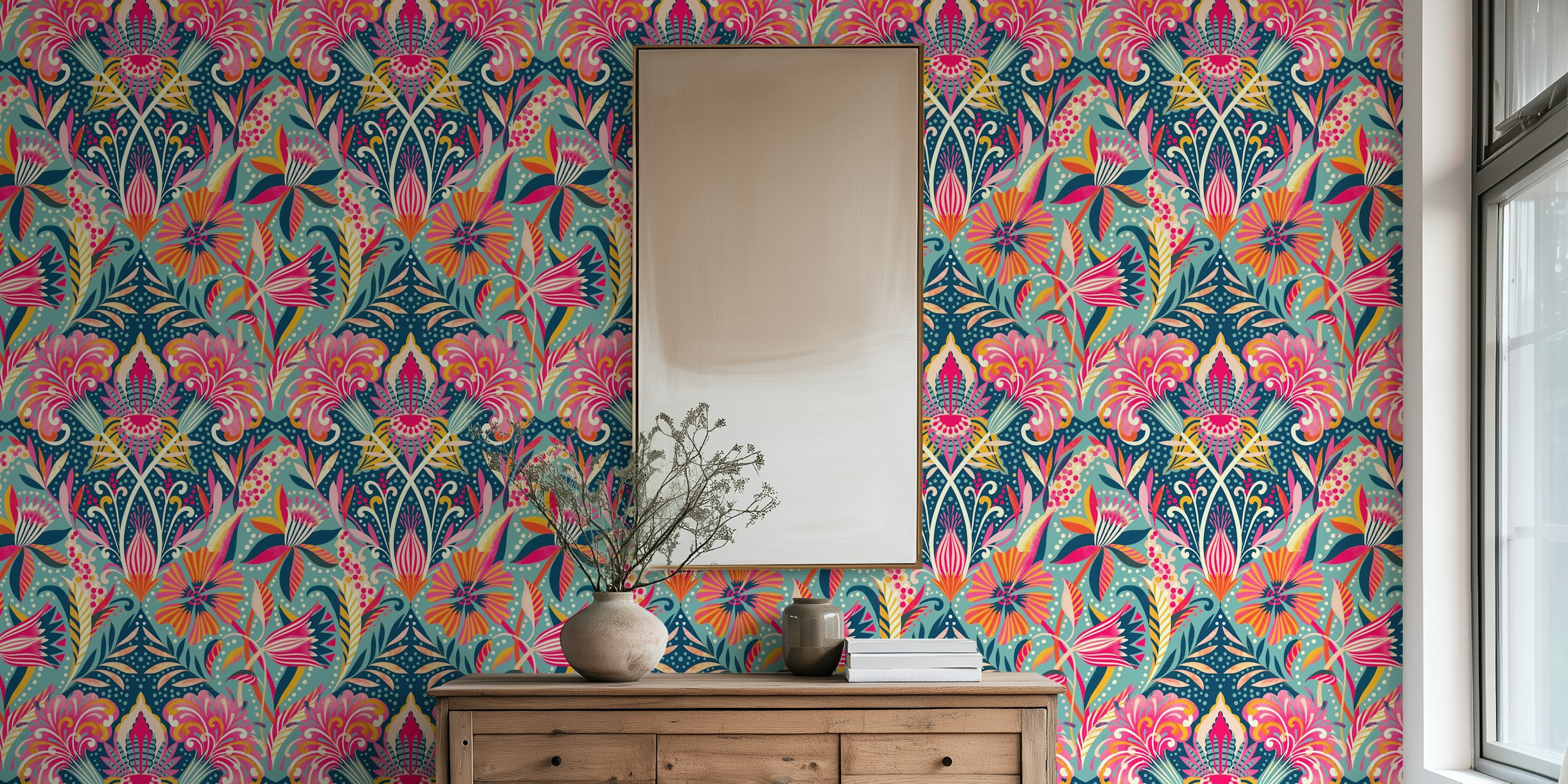 Lush boho flowers wallpaper in a room