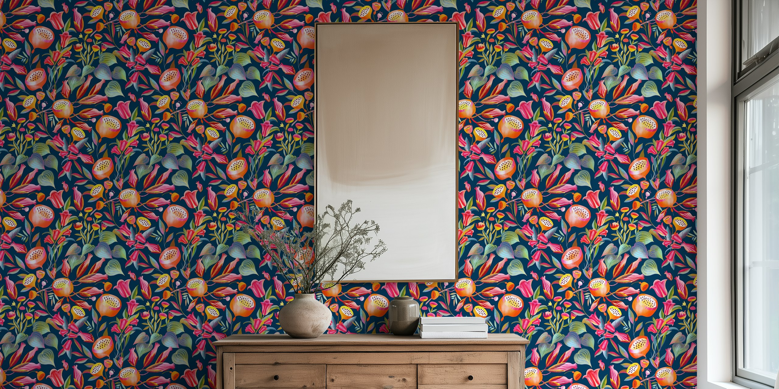 Colorful flowers on dark blue background floral wallpaper